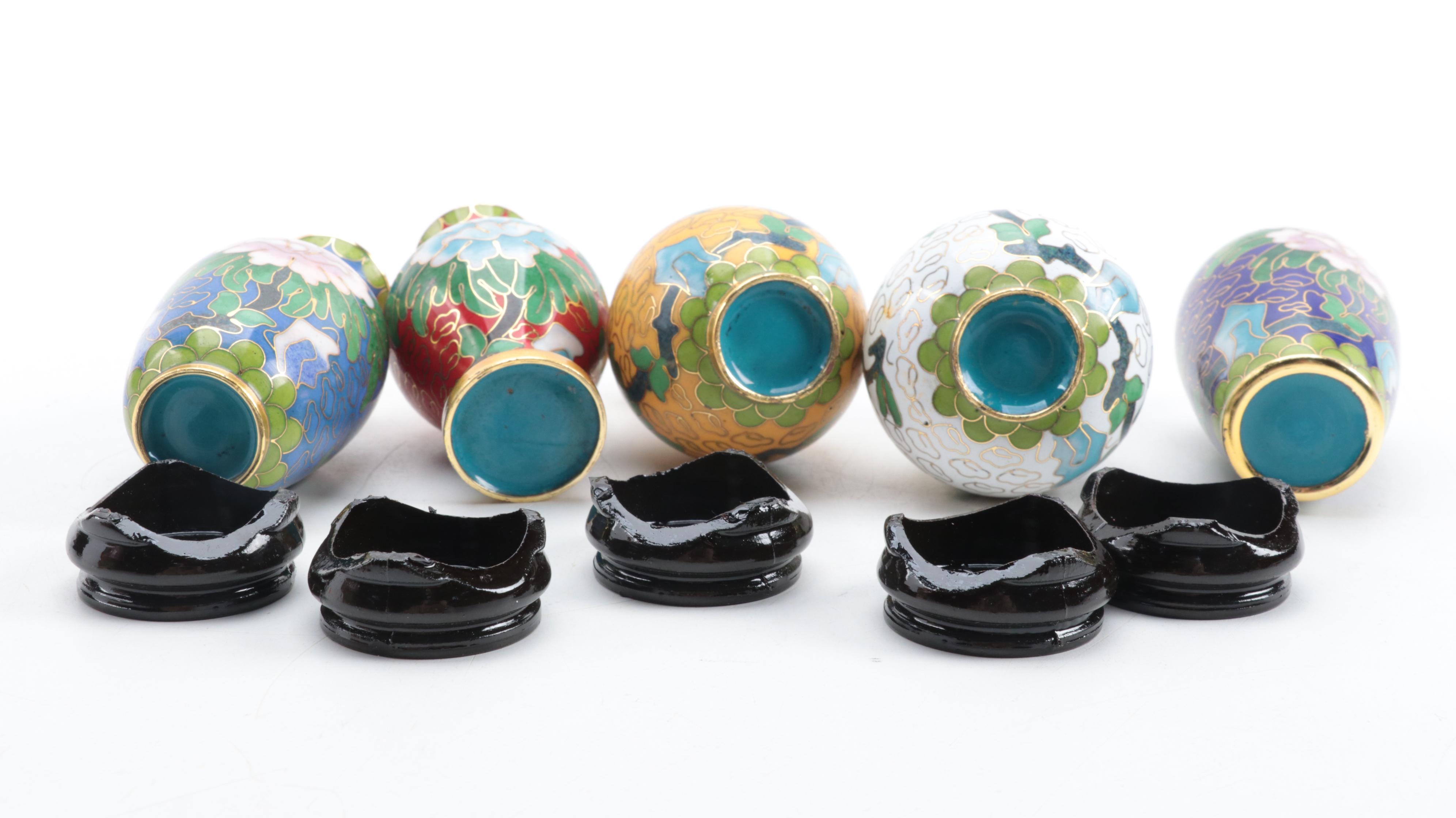 Chinese Cloisonné Garden Motif Vase with Miniature Peony Motif Vases