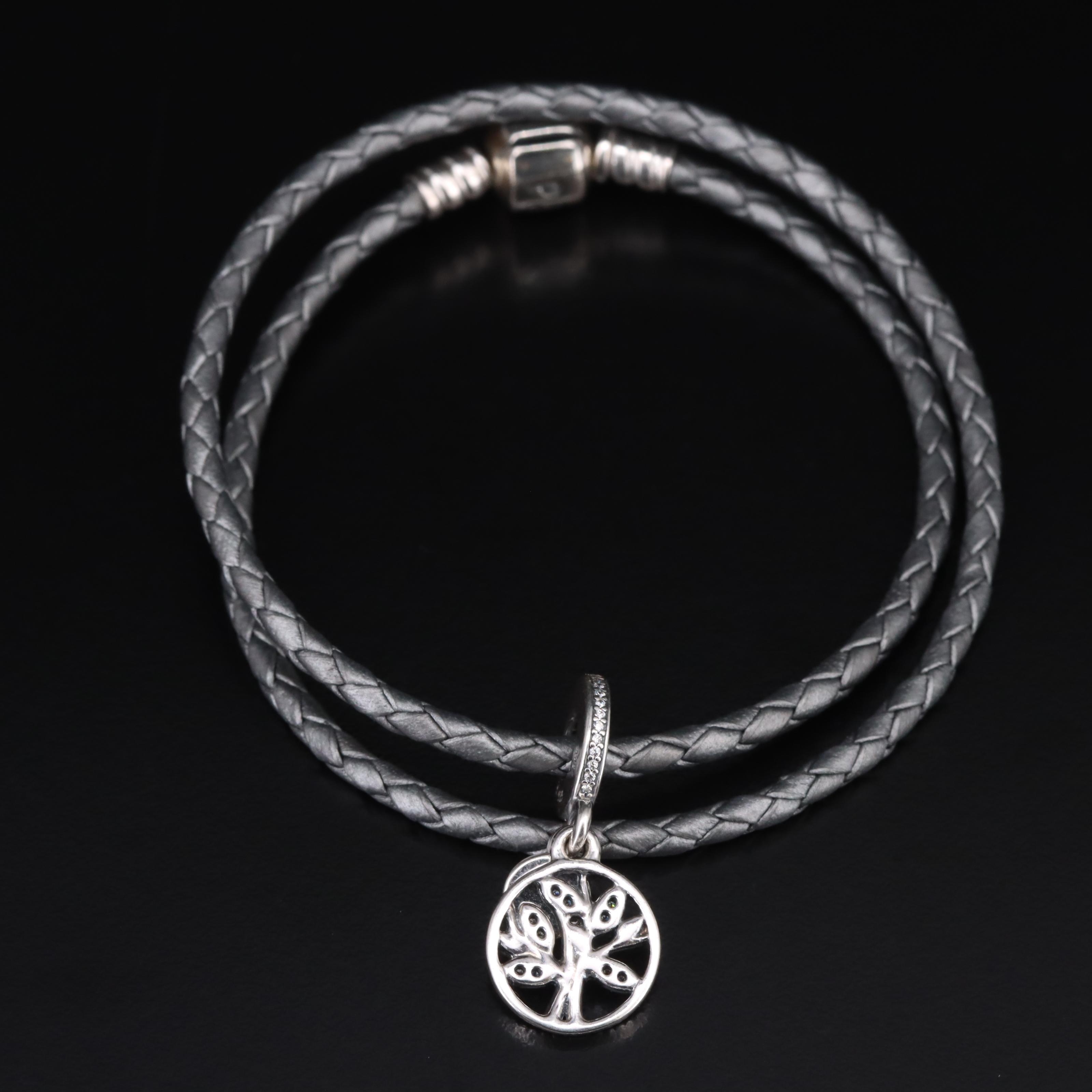 Pandora Sterling Double Wrap Bracelet with Cubic Zirconia Family Tree Charm