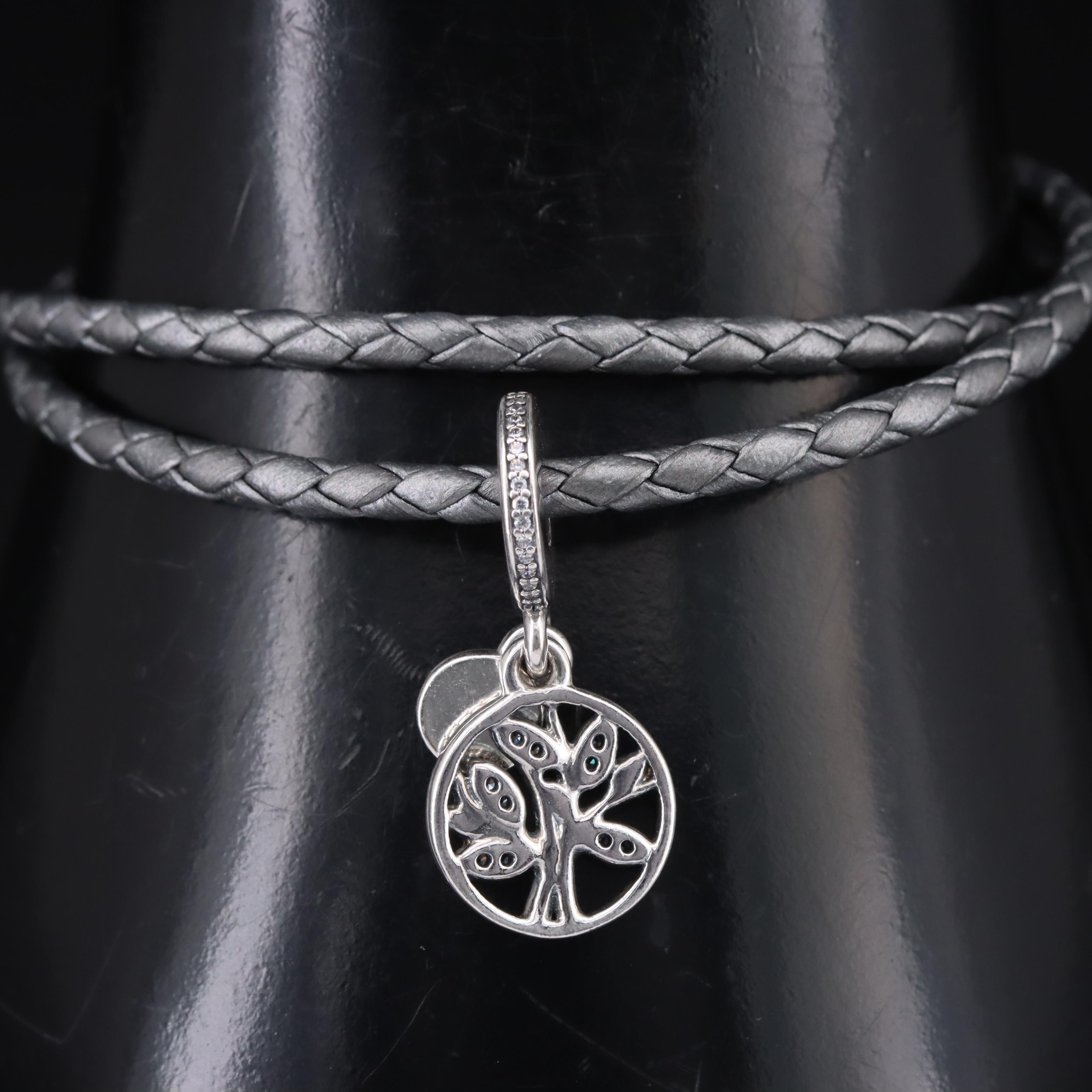 Pandora Sterling Double Wrap Bracelet with Cubic Zirconia Family Tree Charm