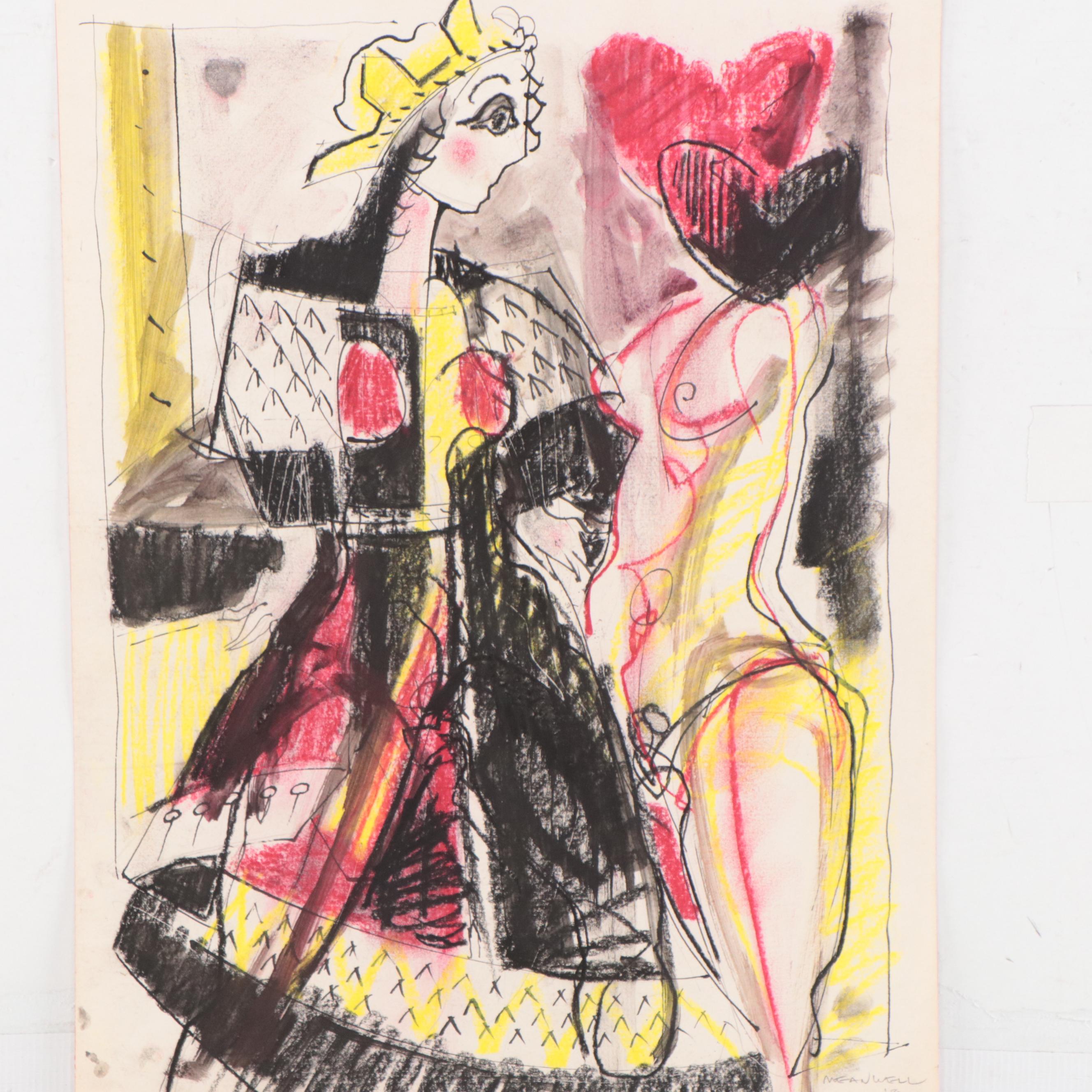 Jack Meanwell Figural Oil Pastel Drawing, 1982
