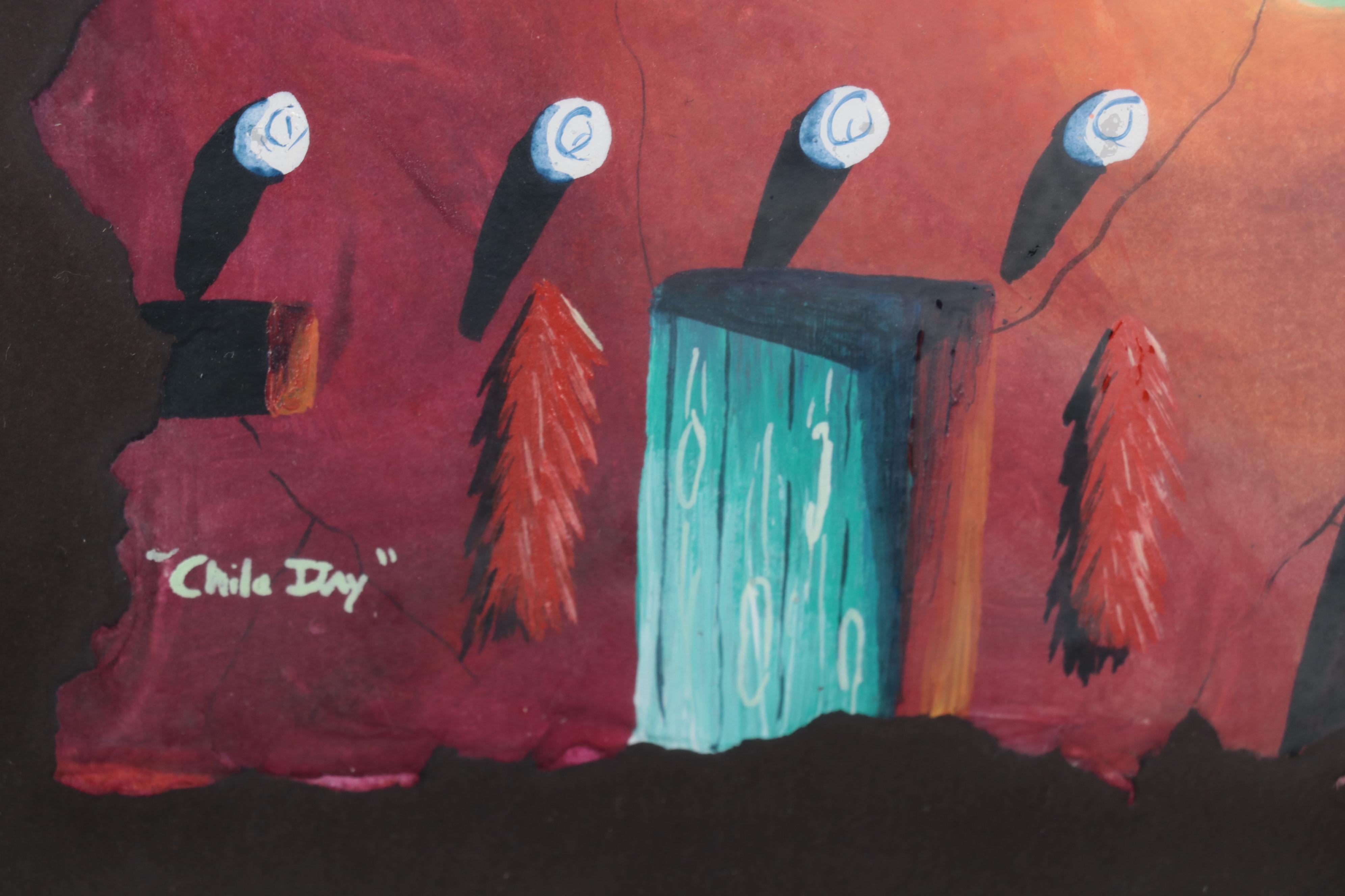 David Gary Suazo Pueblo Landscape Gouache Painting "Chile Day"