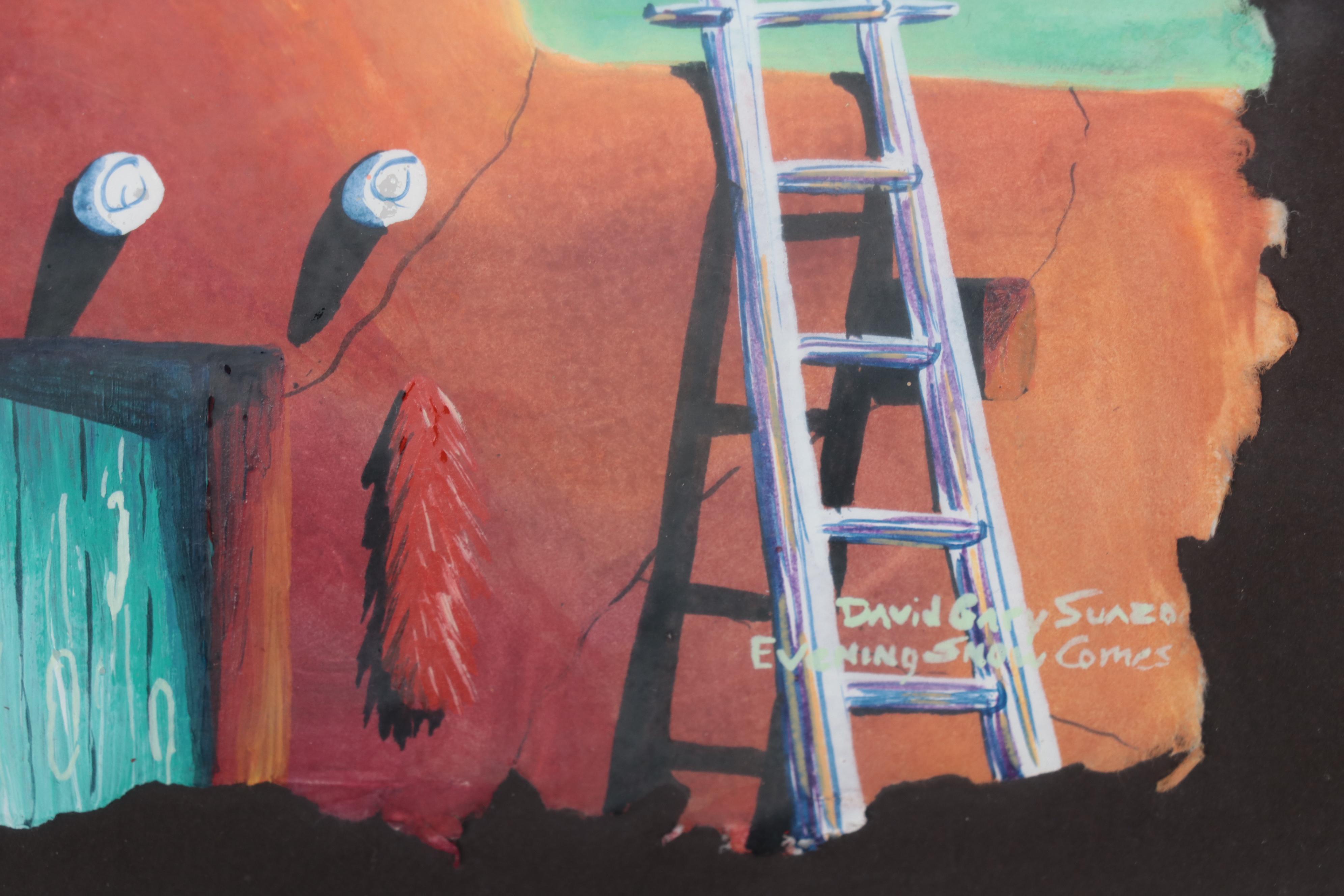 David Gary Suazo Pueblo Landscape Gouache Painting "Chile Day"