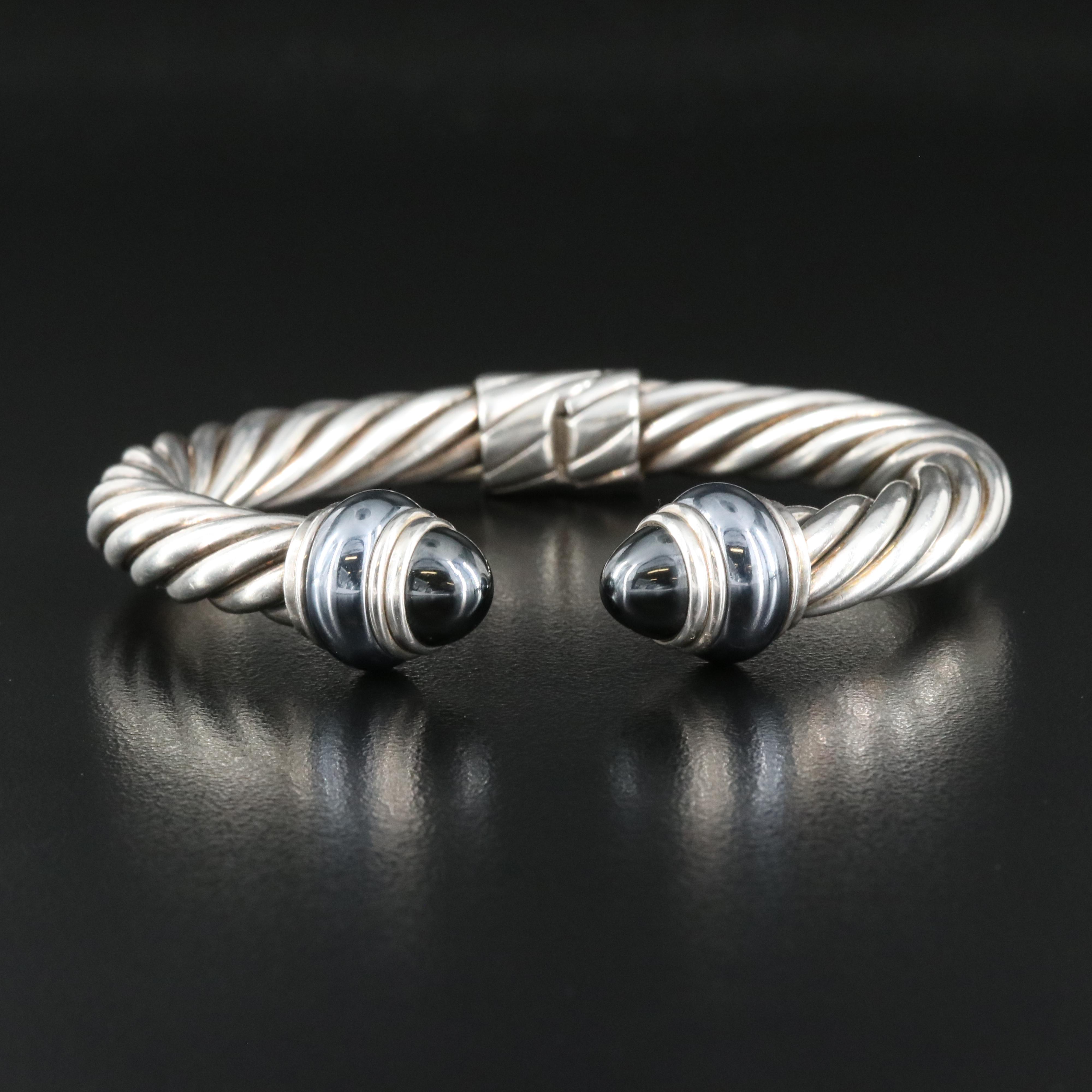 John Hardy Cable Sterling Hematite Hinged Cuff