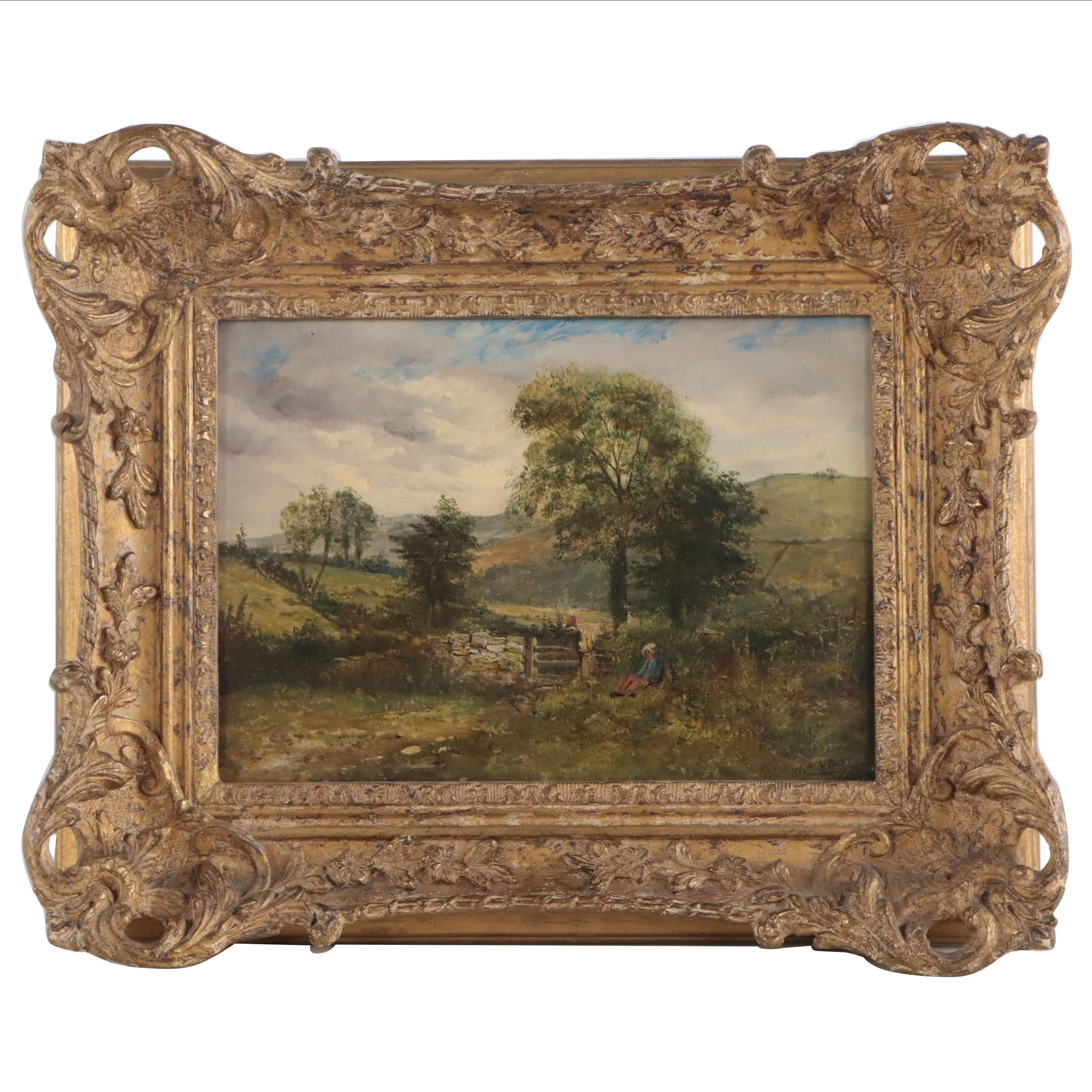 William Archibald Wall Country Landscape Oil Painting of Sleeping Figure