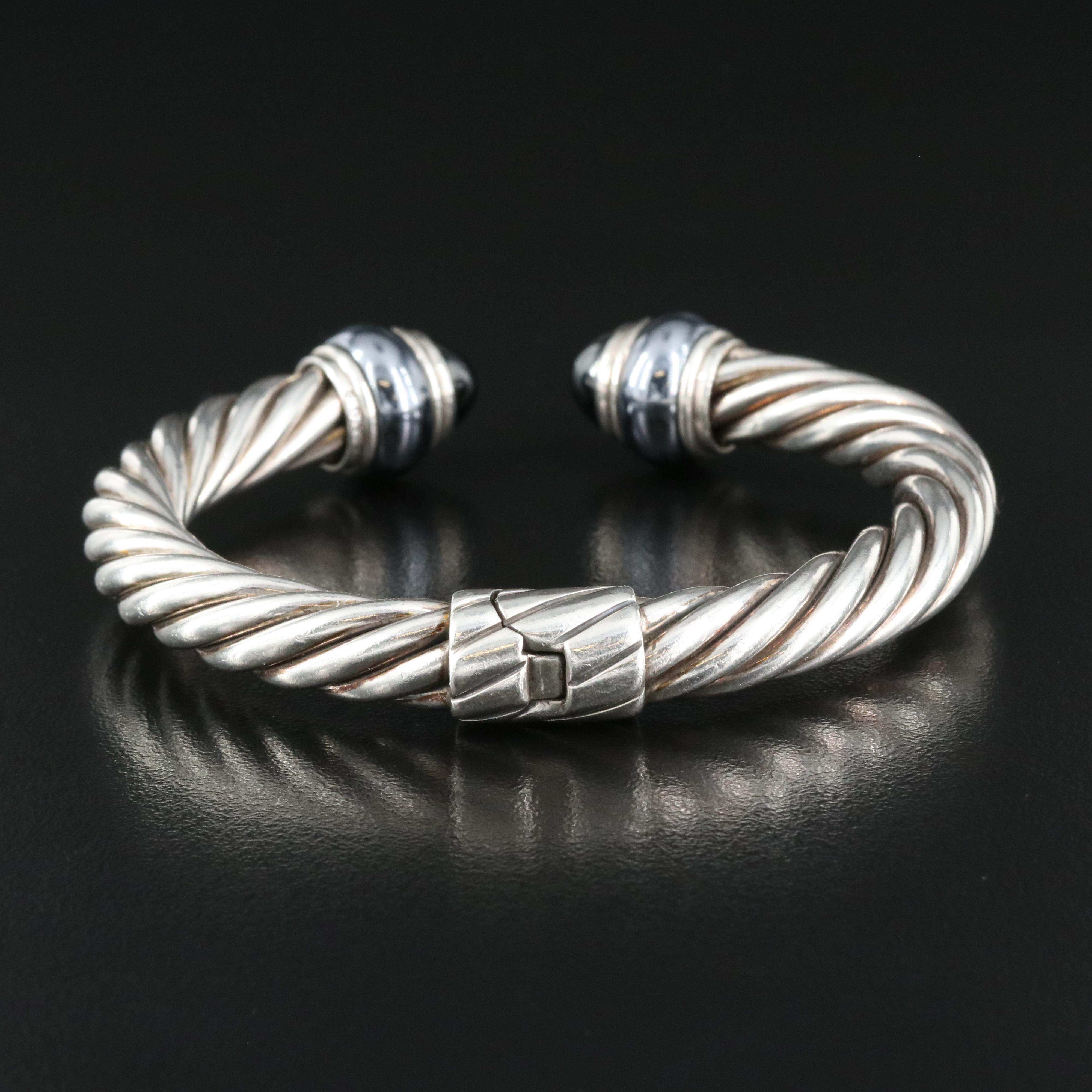 John Hardy Cable Sterling Hematite Hinged Cuff