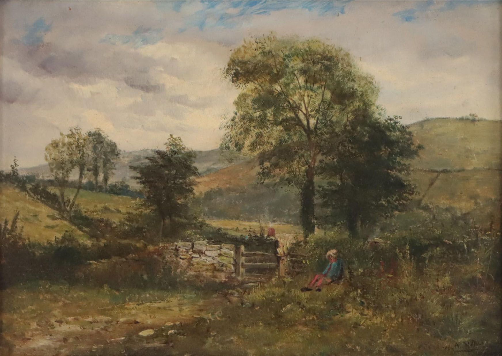 William Archibald Wall Country Landscape Oil Painting of Sleeping Figure