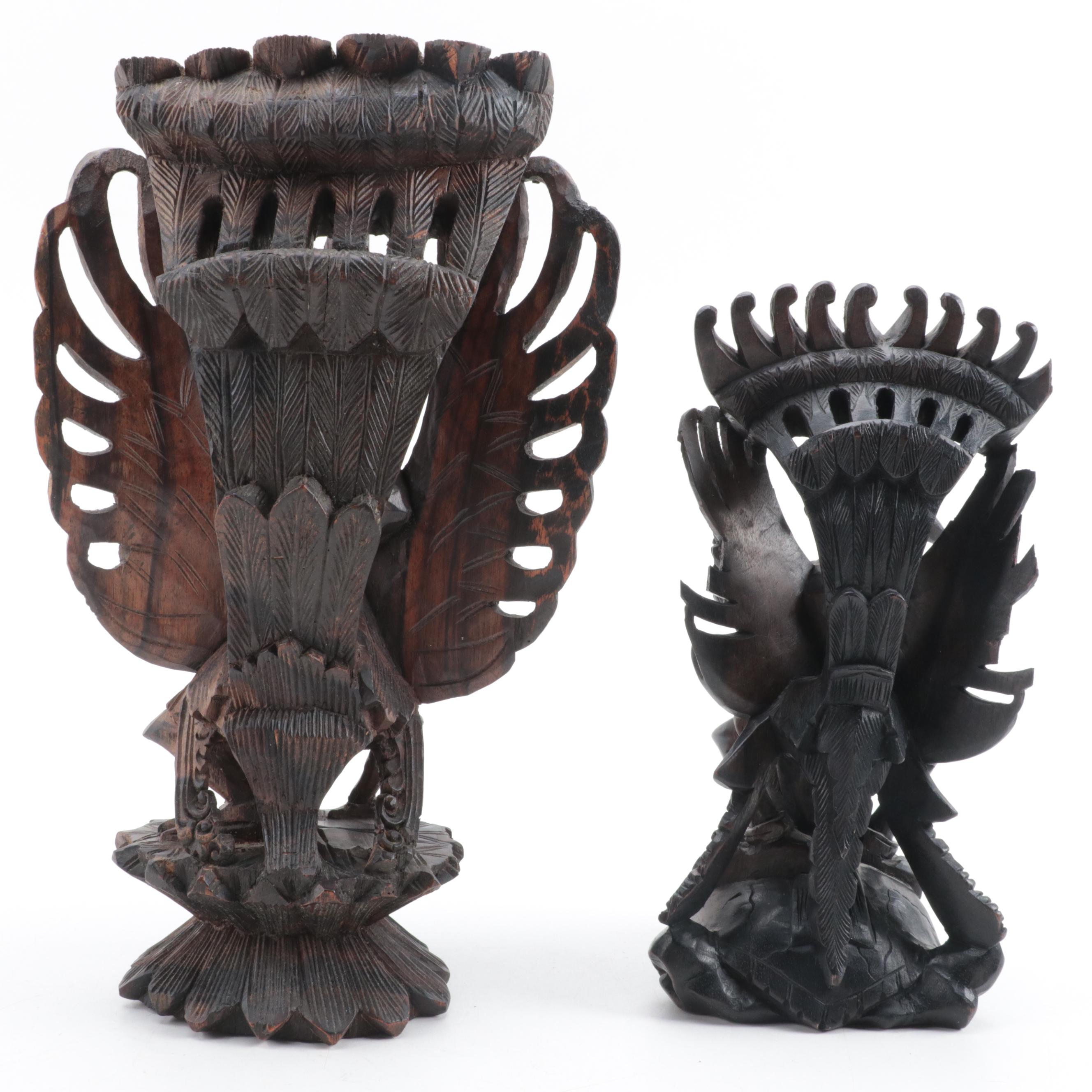 Indonesian Carved Wood Cili Masks and Vishnu Riding Garuda Sculptures