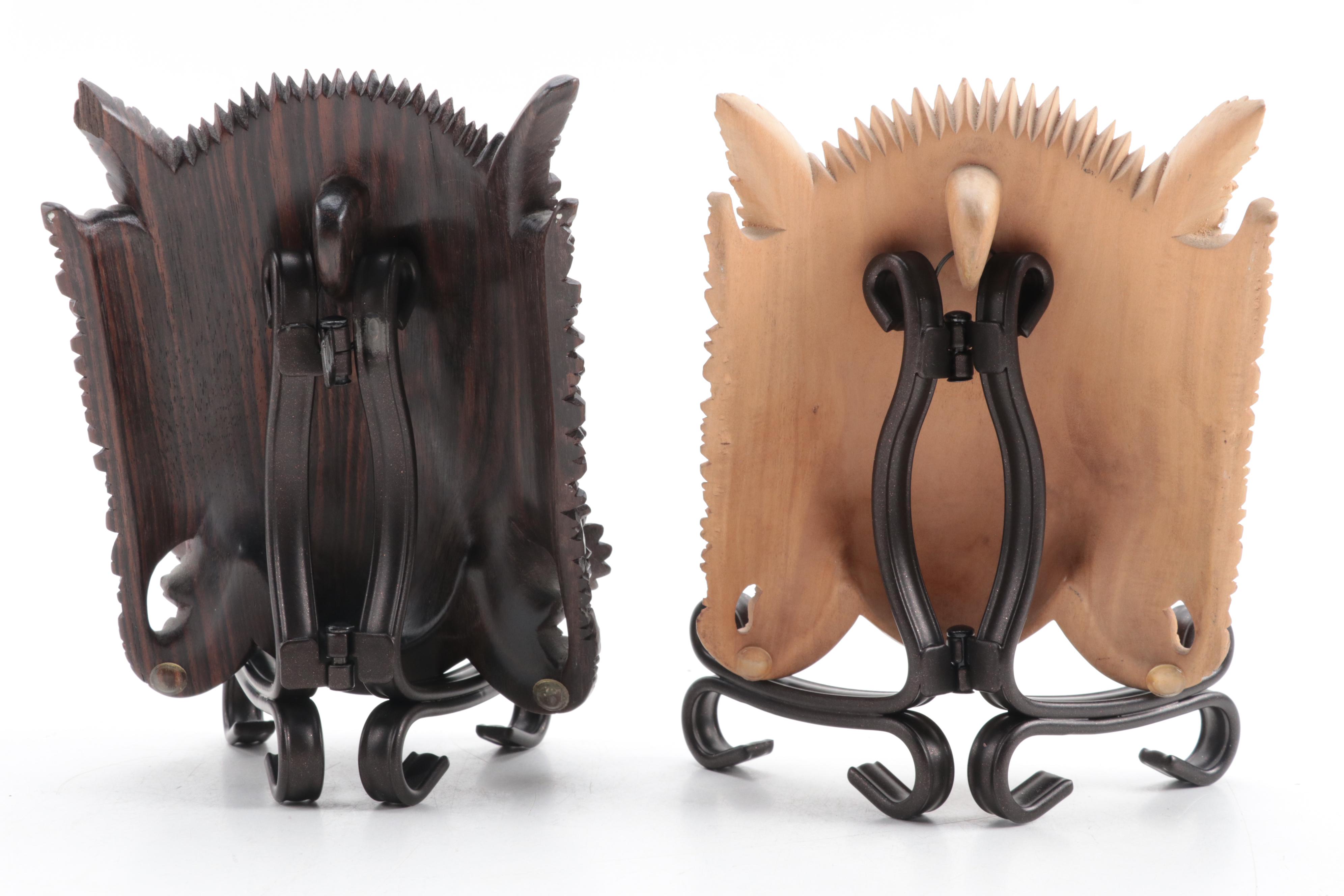 Indonesian Carved Wood Cili Masks and Vishnu Riding Garuda Sculptures