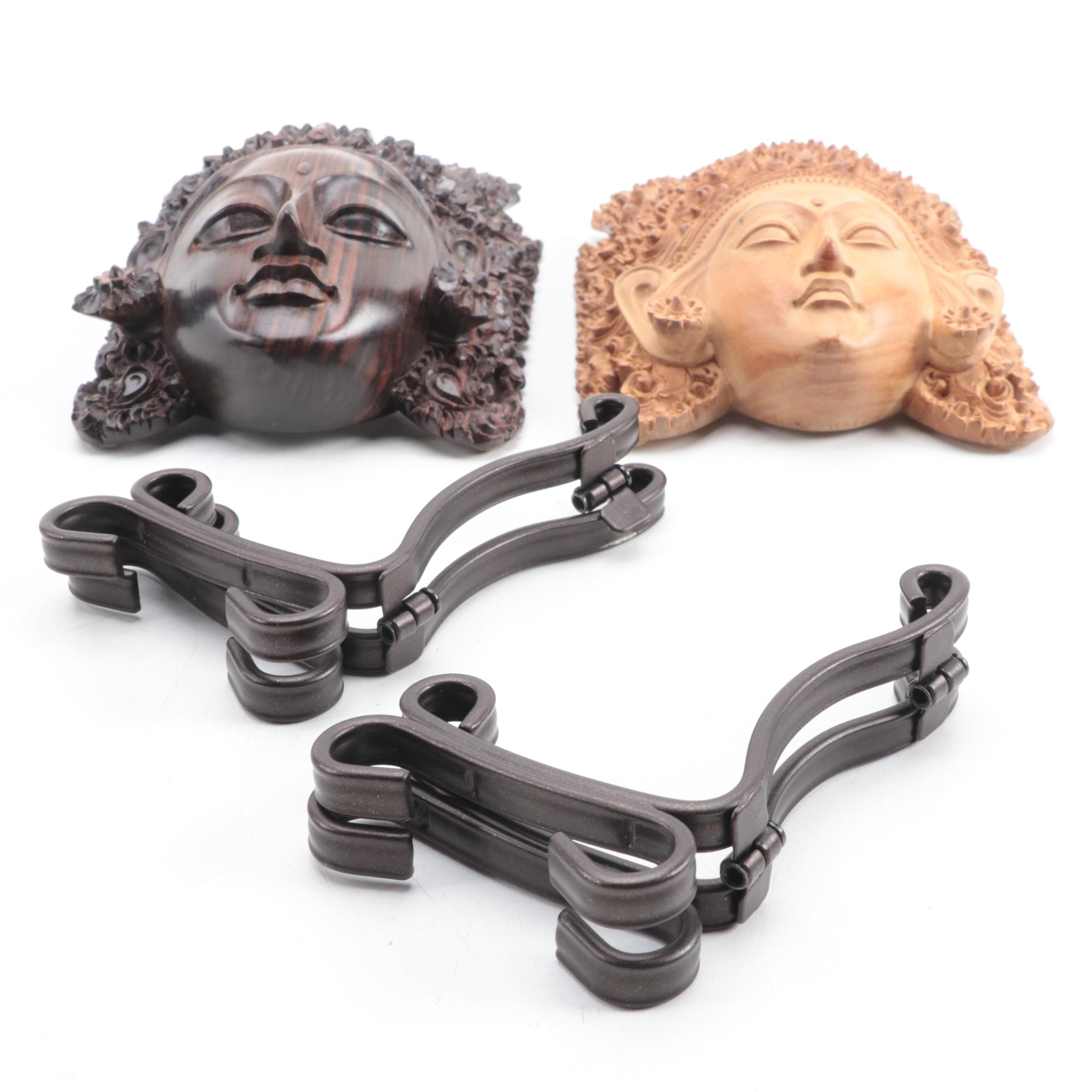 Indonesian Carved Wood Cili Masks and Vishnu Riding Garuda Sculptures