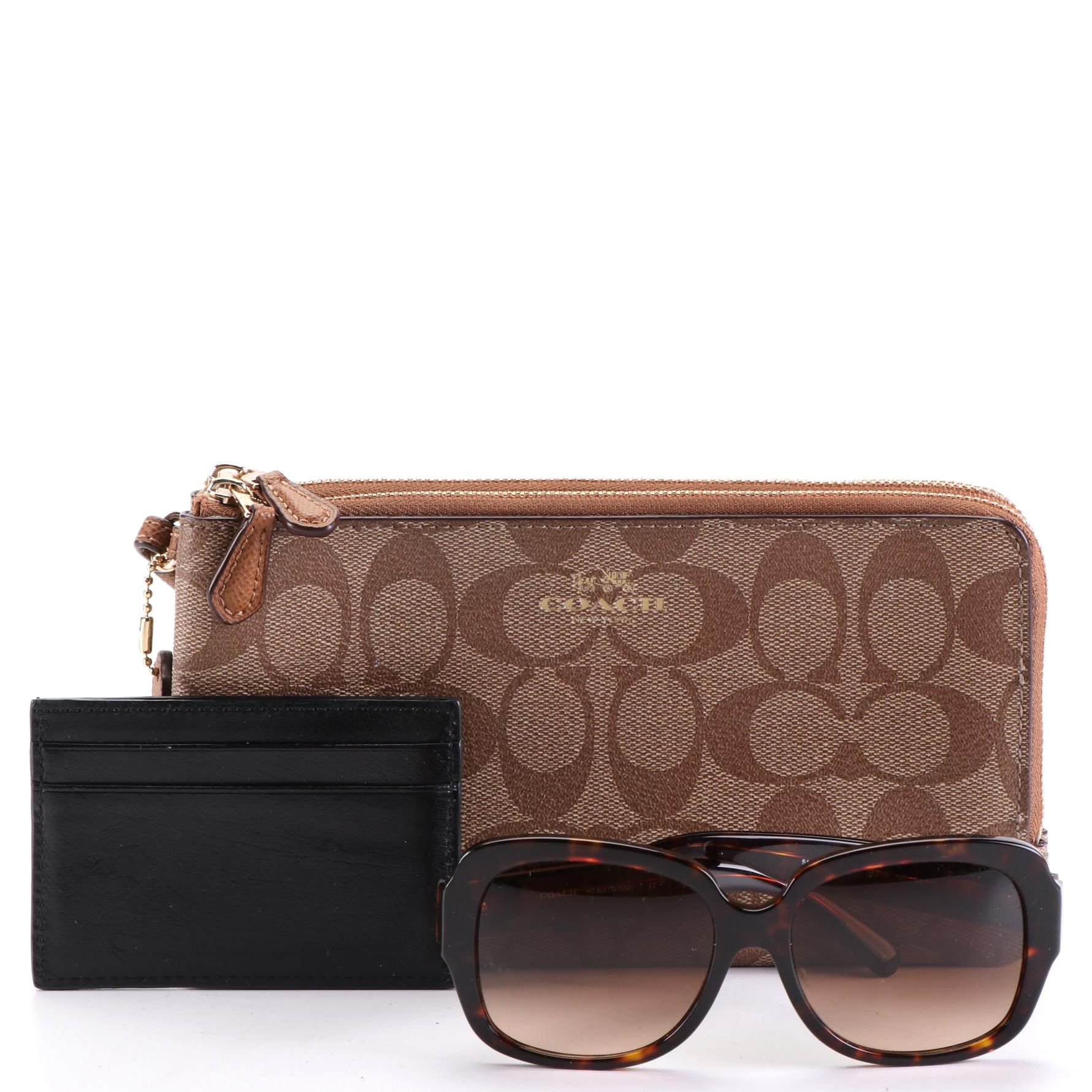 Coach Signature Canvas Wristlet Wallet, Leather Card Case and Havana Sunglasses