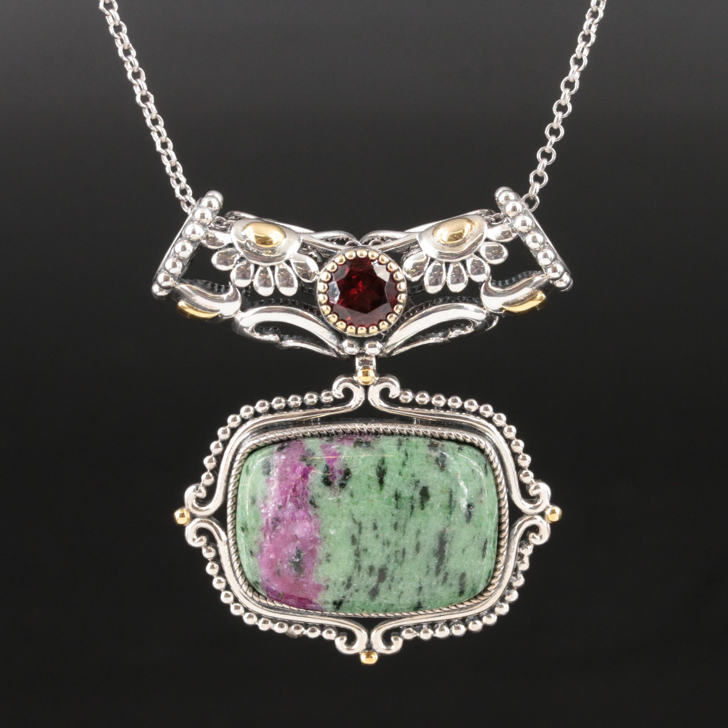 Sterling Garnet and Ruby in Zoisite Slide Pendant Necklace
