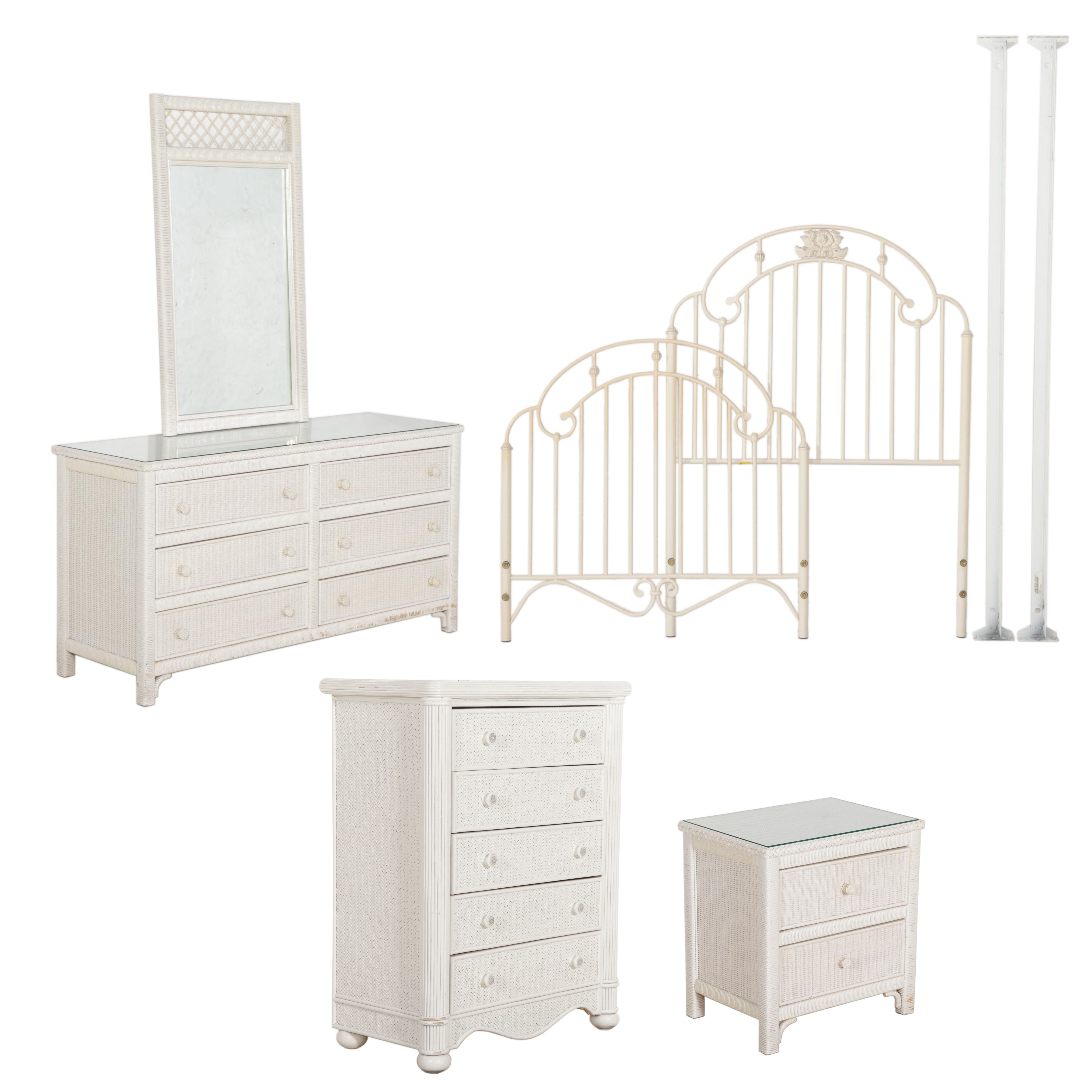 Henry Link White-Painted Wicker Mixed Bedroom Set with Metal Twin Bed Frame