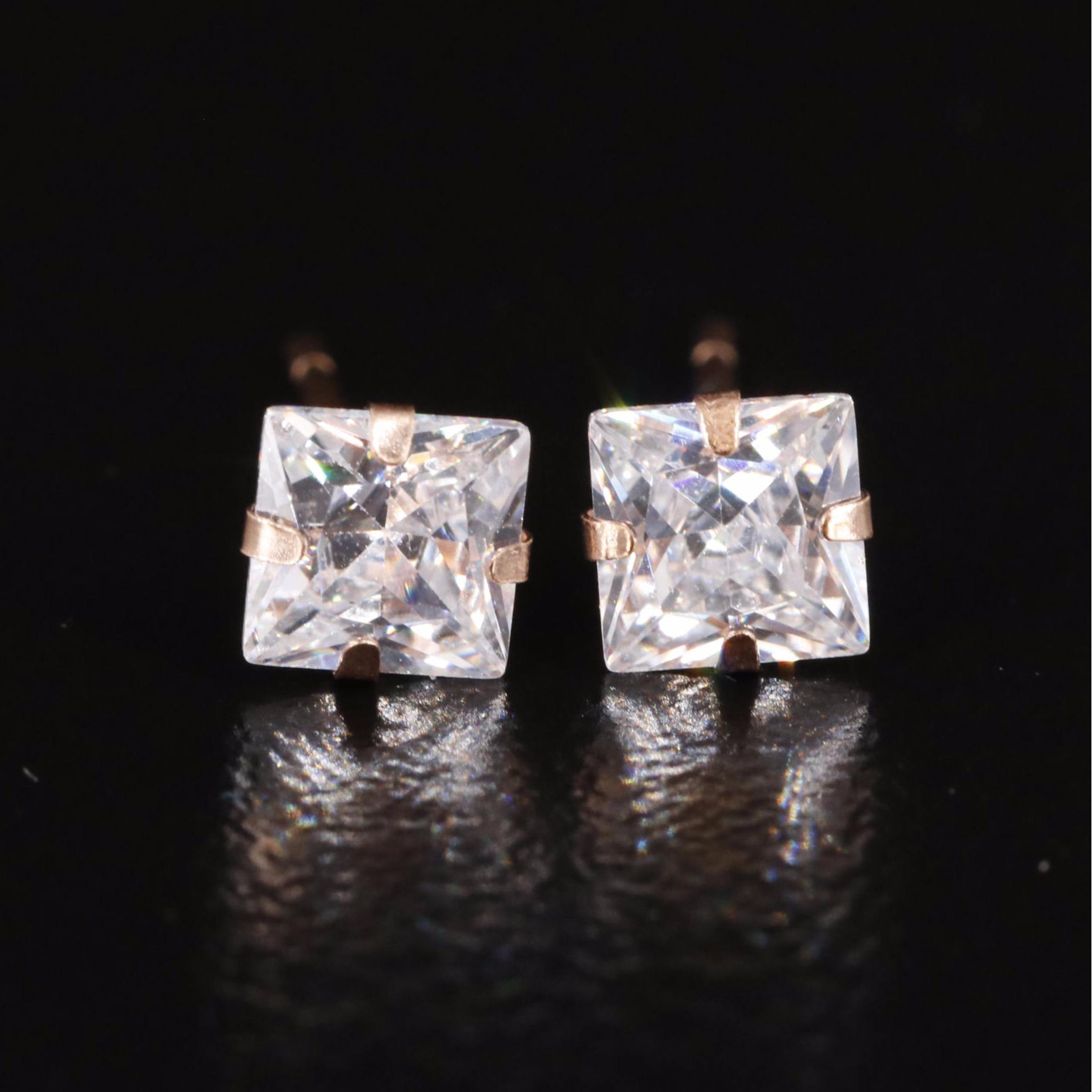 14K Rose Gold Cubic Zirconia Square Stud Earrings