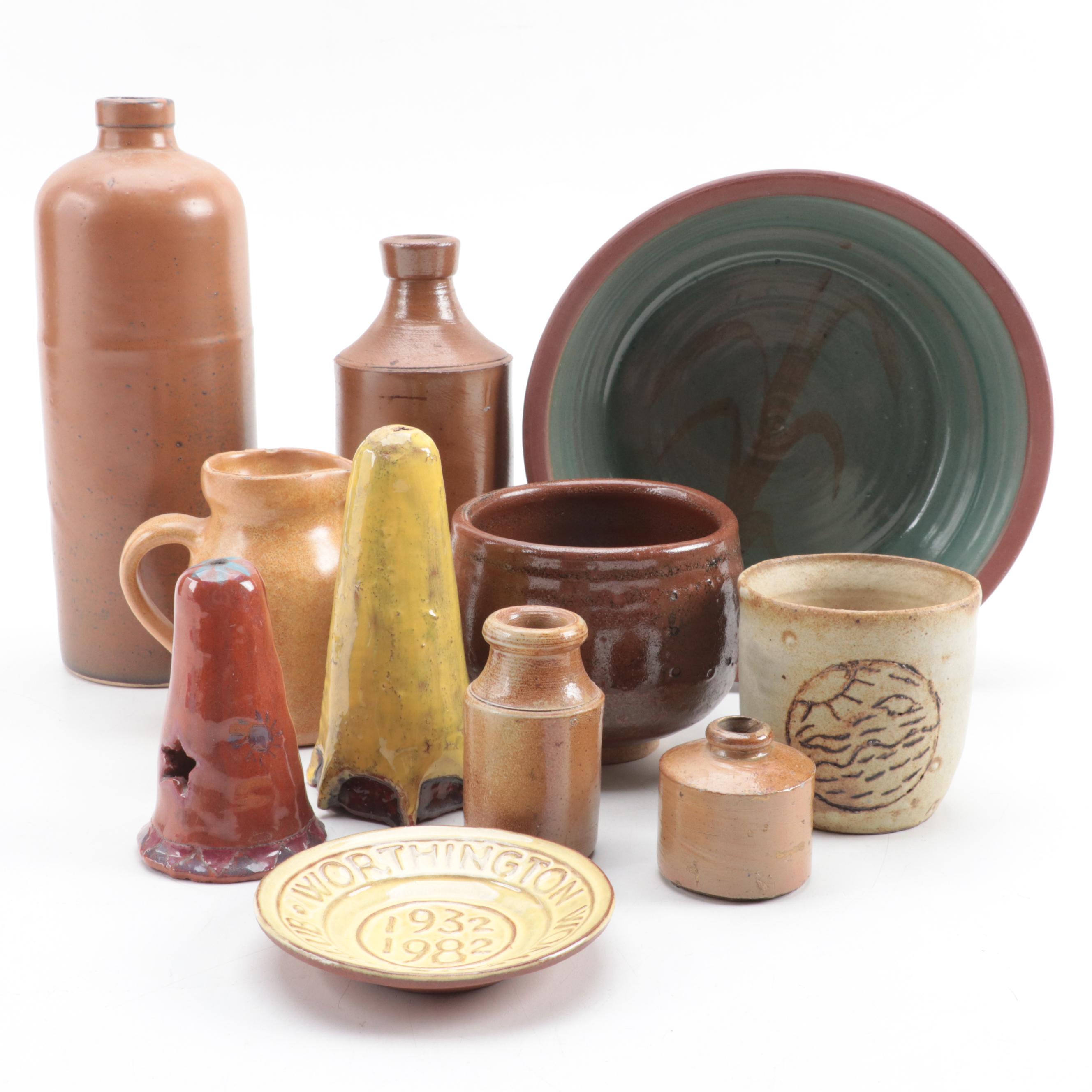 Denby Pottery Jug, Artist Signed Tater Knob Pottery Bowl, and Other Tableware