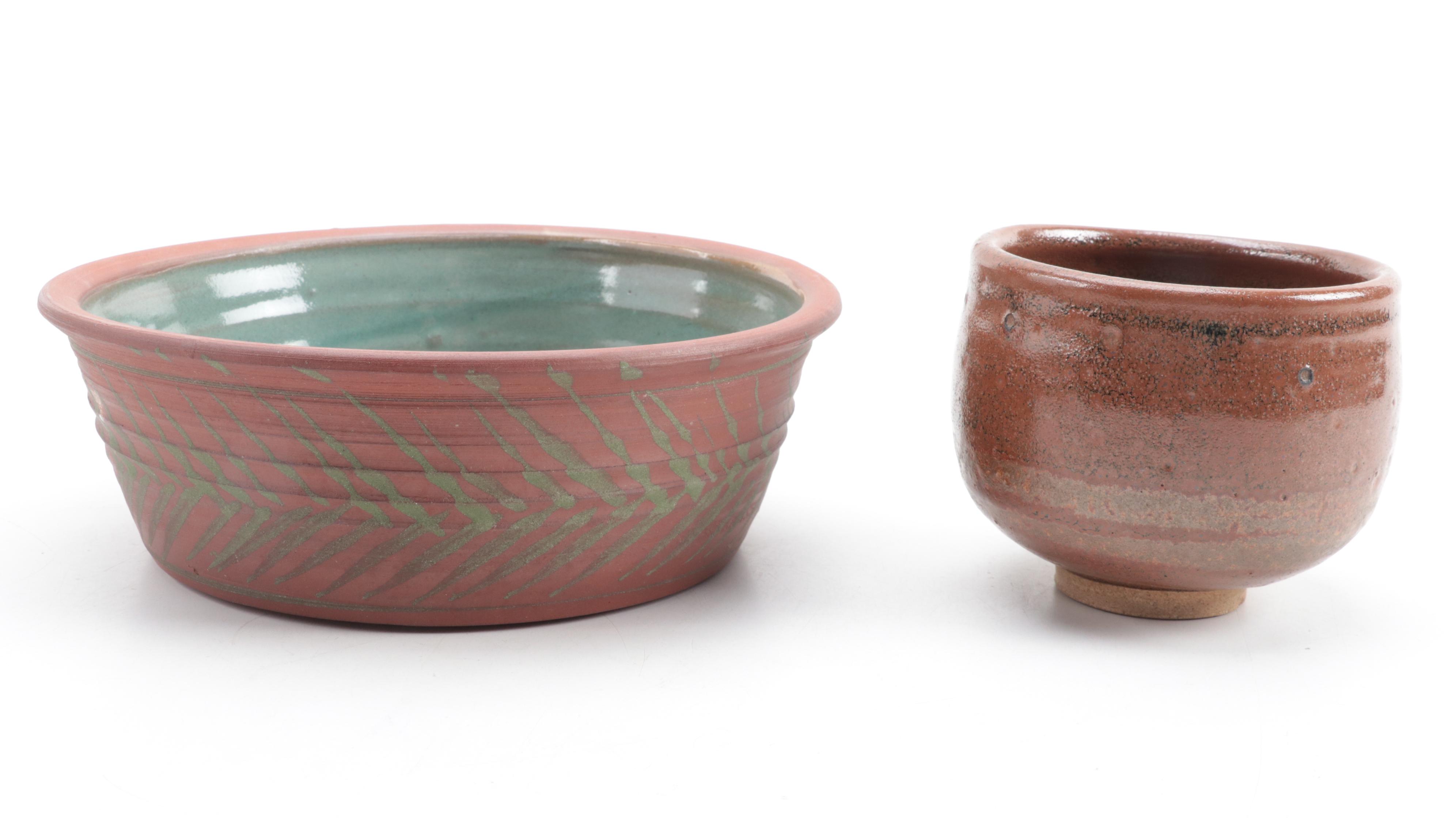 Denby Pottery Jug, Artist Signed Tater Knob Pottery Bowl, and Other Tableware