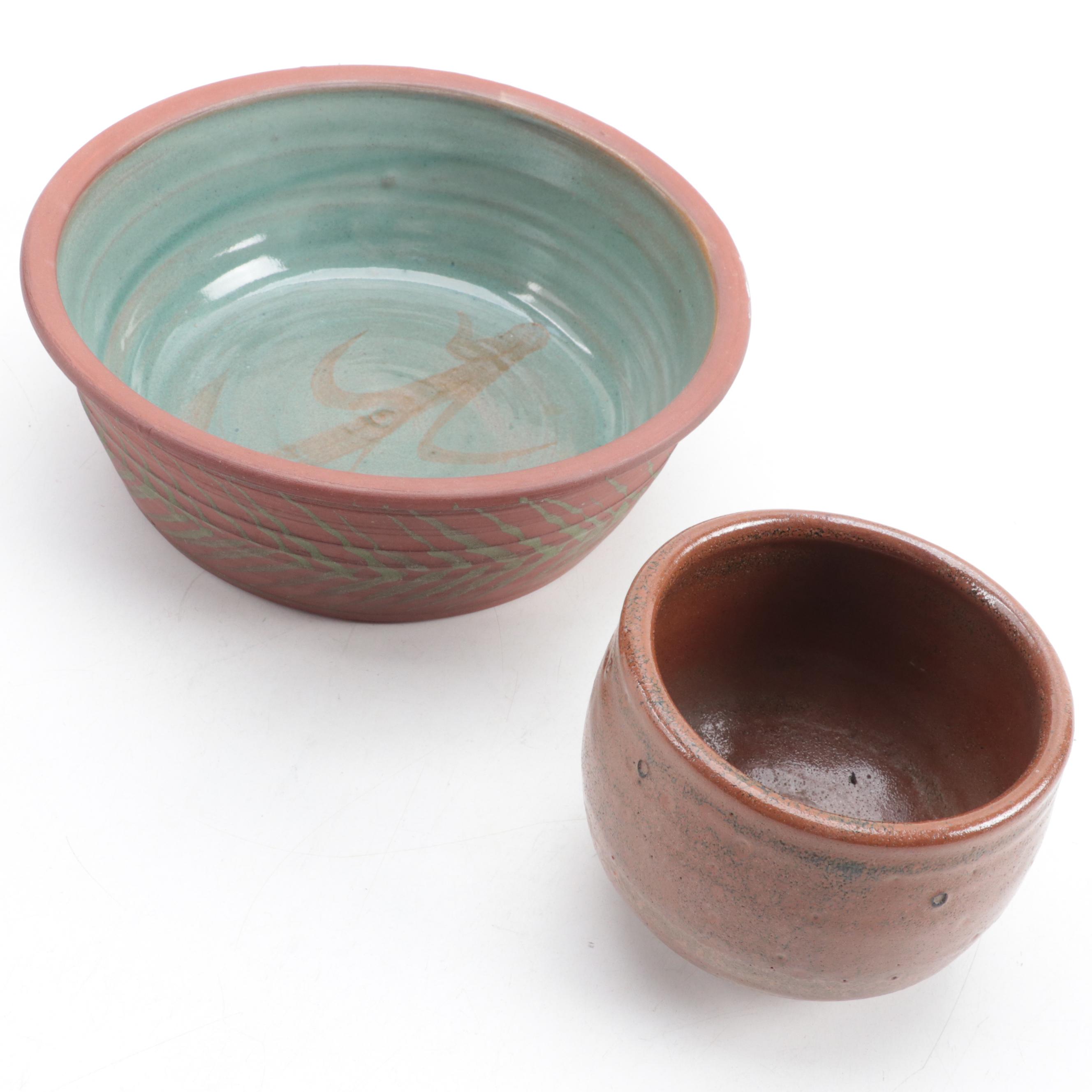 Denby Pottery Jug, Artist Signed Tater Knob Pottery Bowl, and Other Tableware