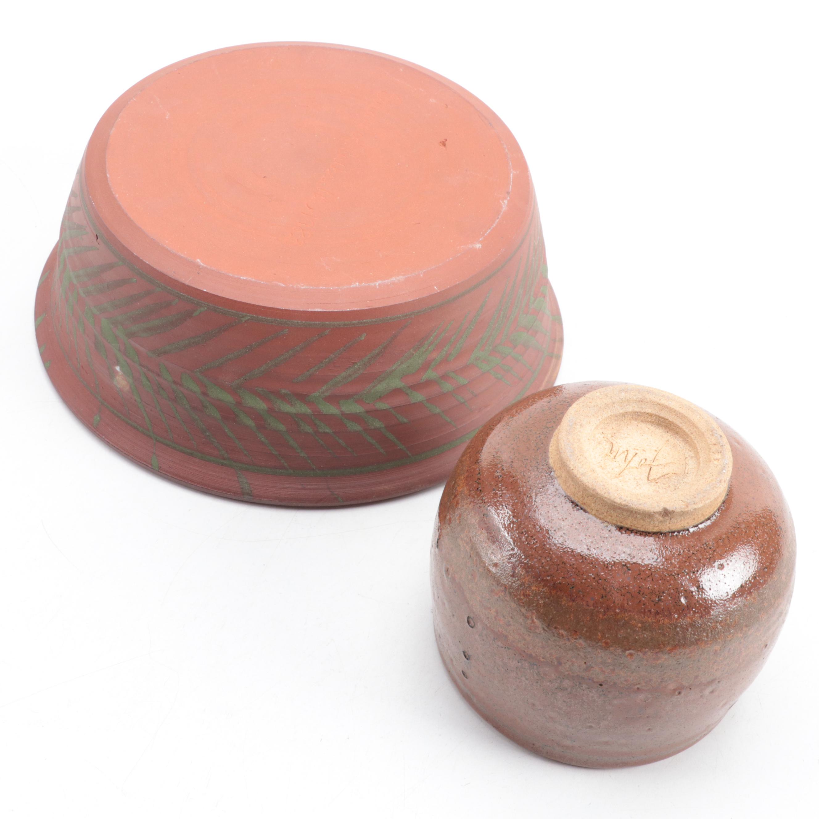 Denby Pottery Jug, Artist Signed Tater Knob Pottery Bowl, and Other Tableware