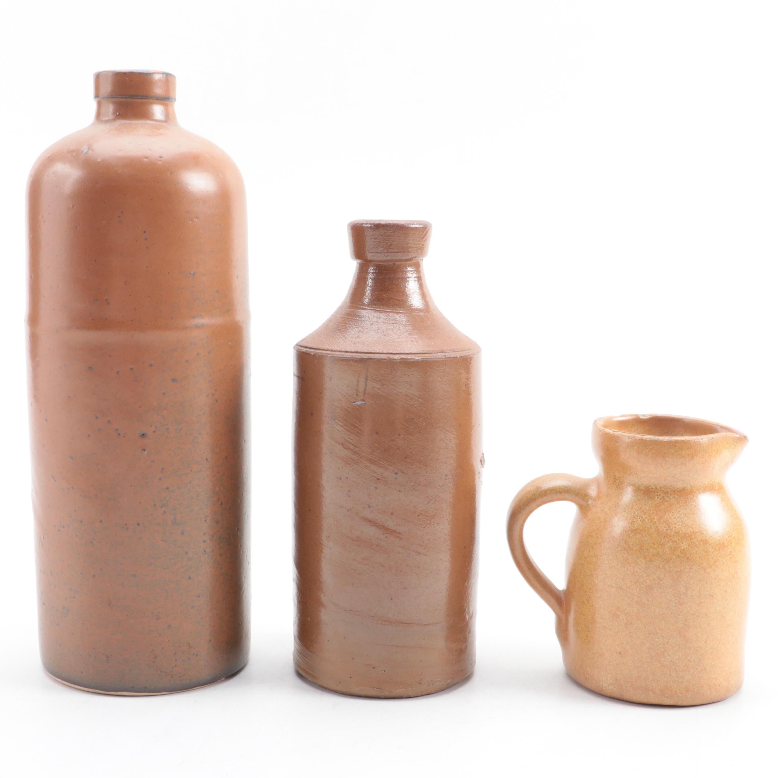 Denby Pottery Jug, Artist Signed Tater Knob Pottery Bowl, and Other Tableware