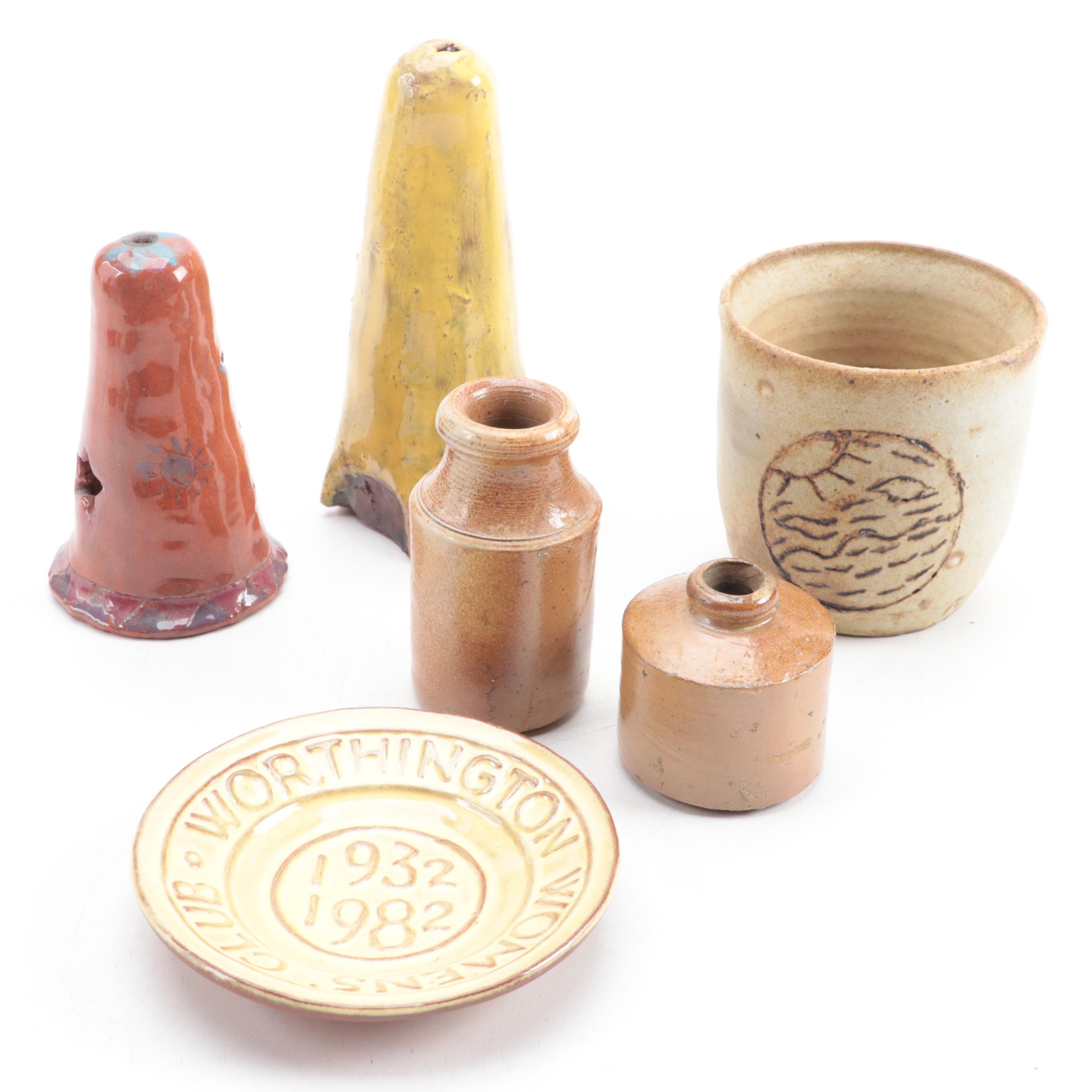 Denby Pottery Jug, Artist Signed Tater Knob Pottery Bowl, and Other Tableware