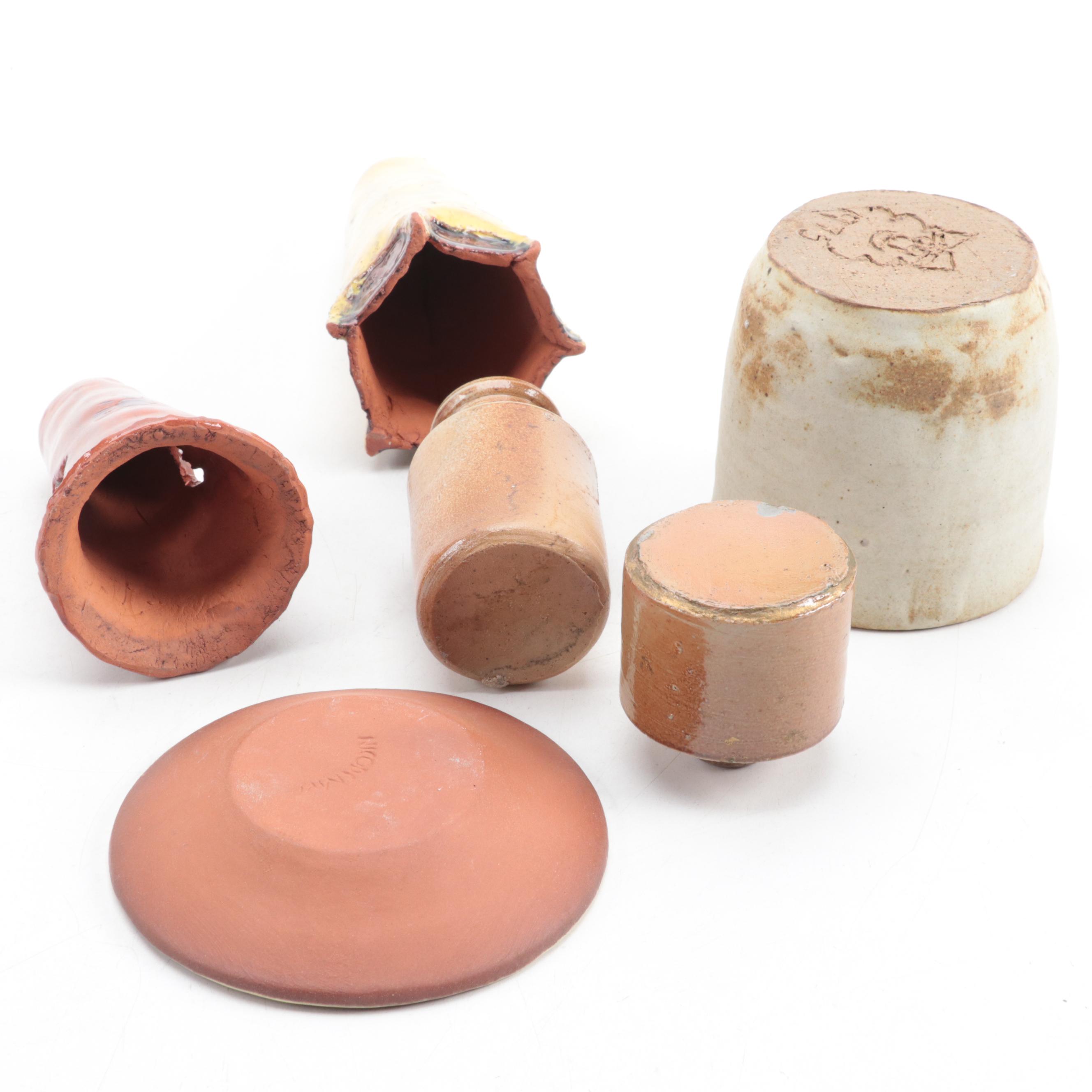 Denby Pottery Jug, Artist Signed Tater Knob Pottery Bowl, and Other Tableware