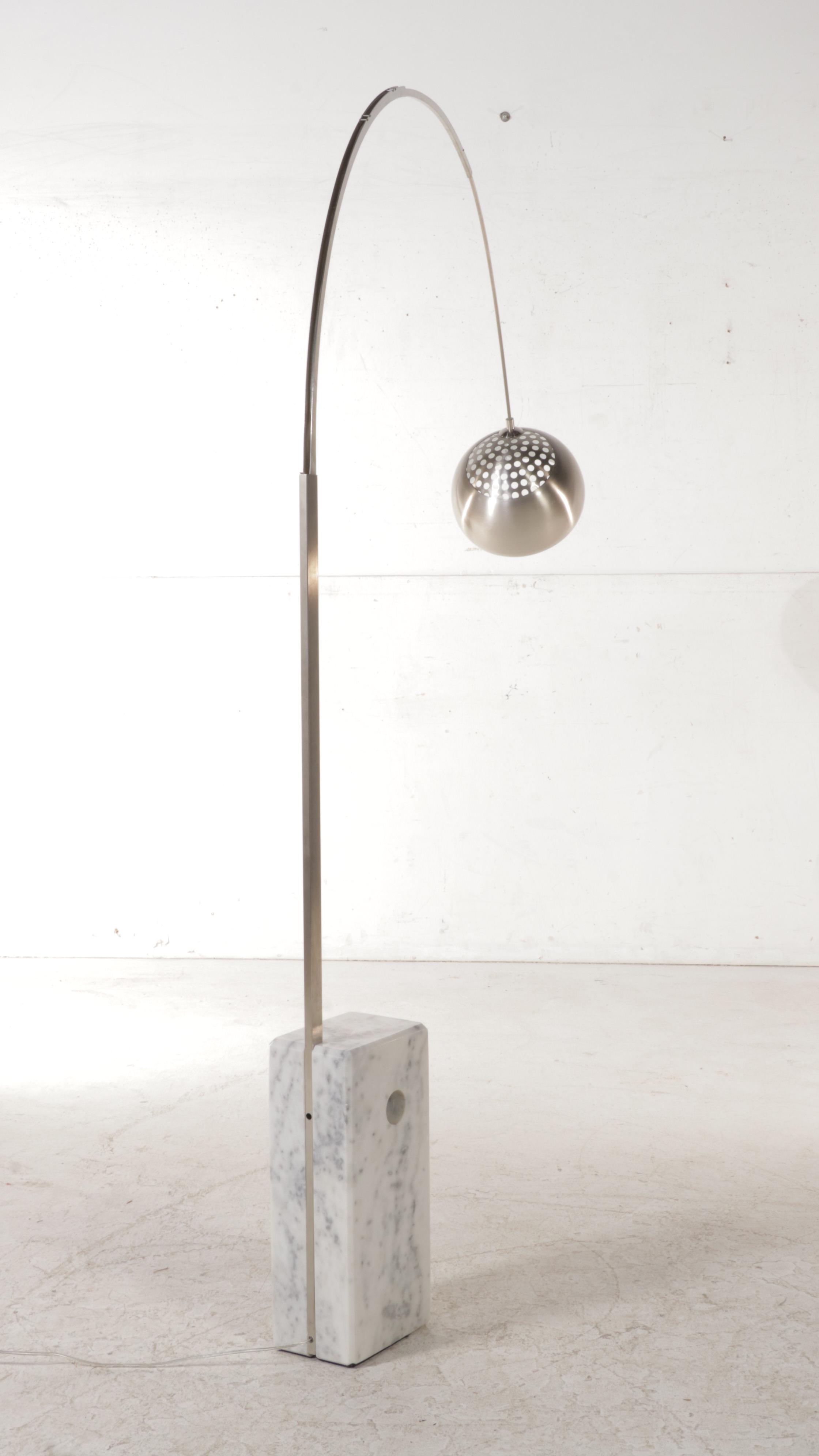 Modern Arc Chromed Metal and Marble Base Floor Lamp