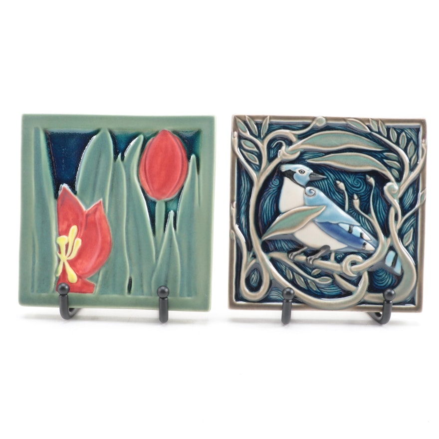 Rookwood Pottery Blue Jay and Tulip Motif Tiles