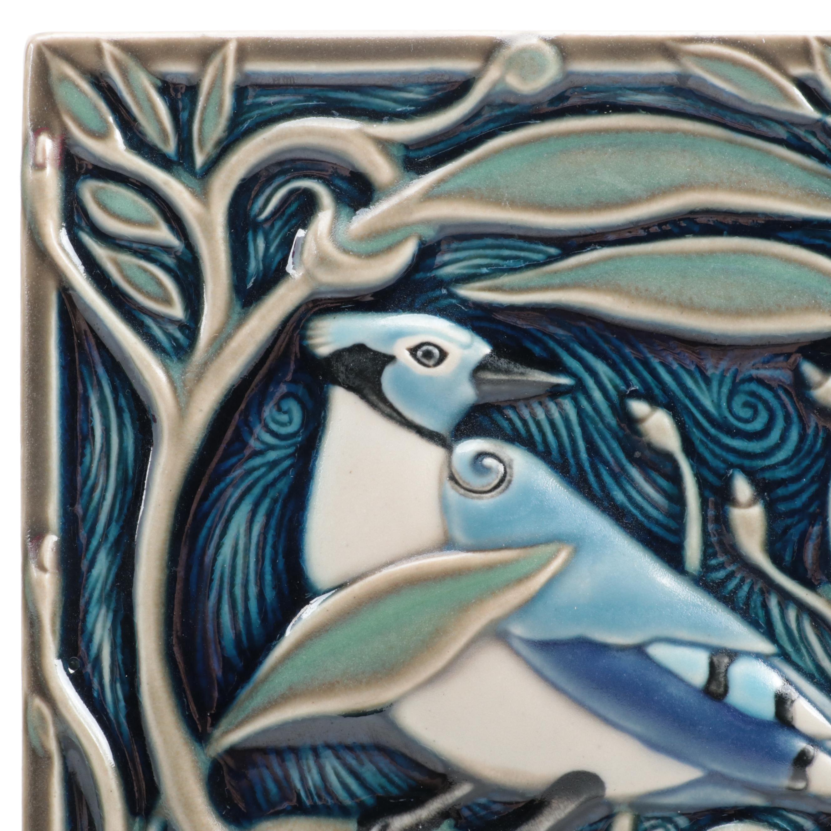 Rookwood Pottery Blue Jay and Tulip Motif Tiles