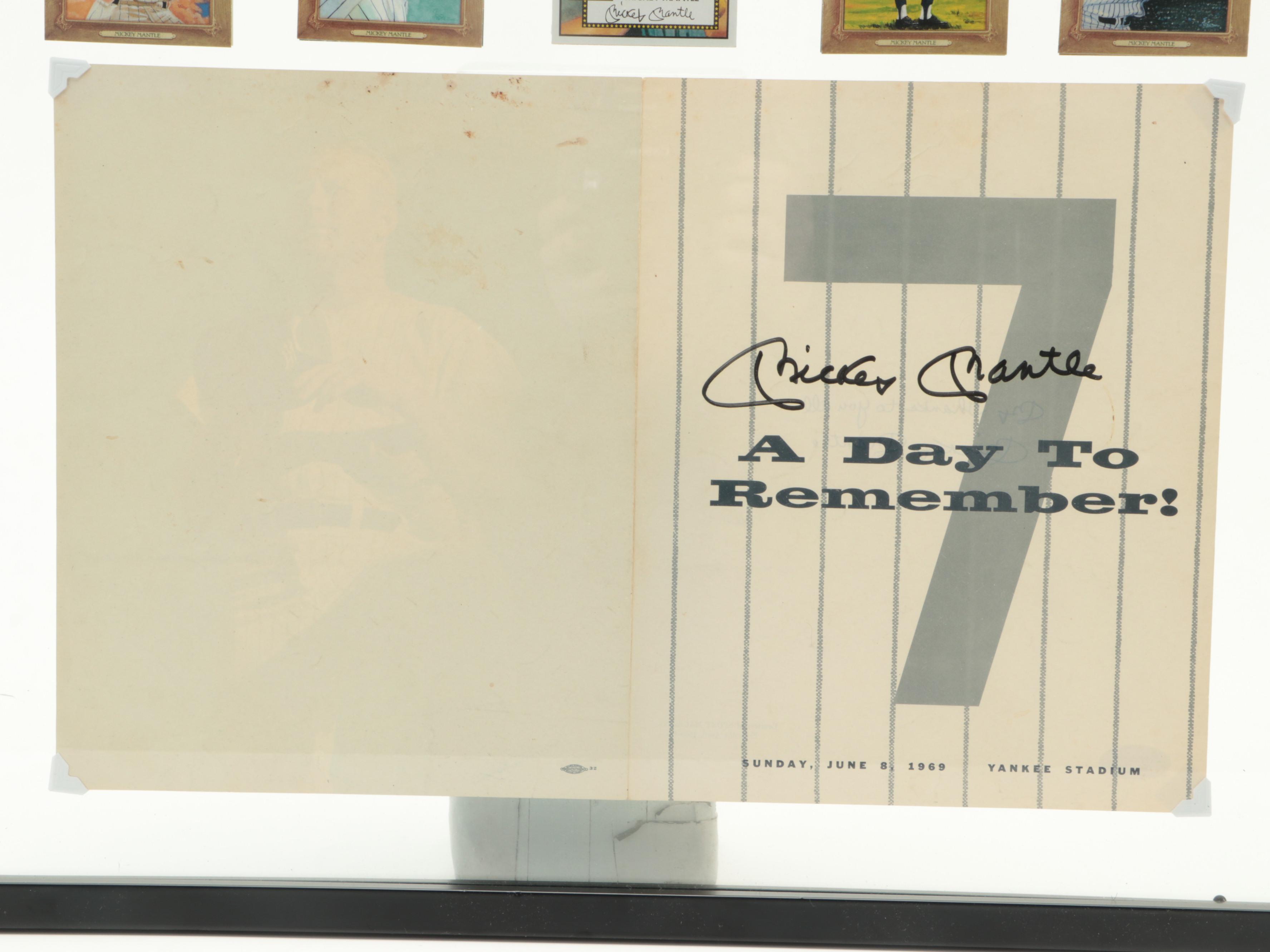 Mickey Mantle Signed Pamphlet Tribute with Cards in Floating Frame