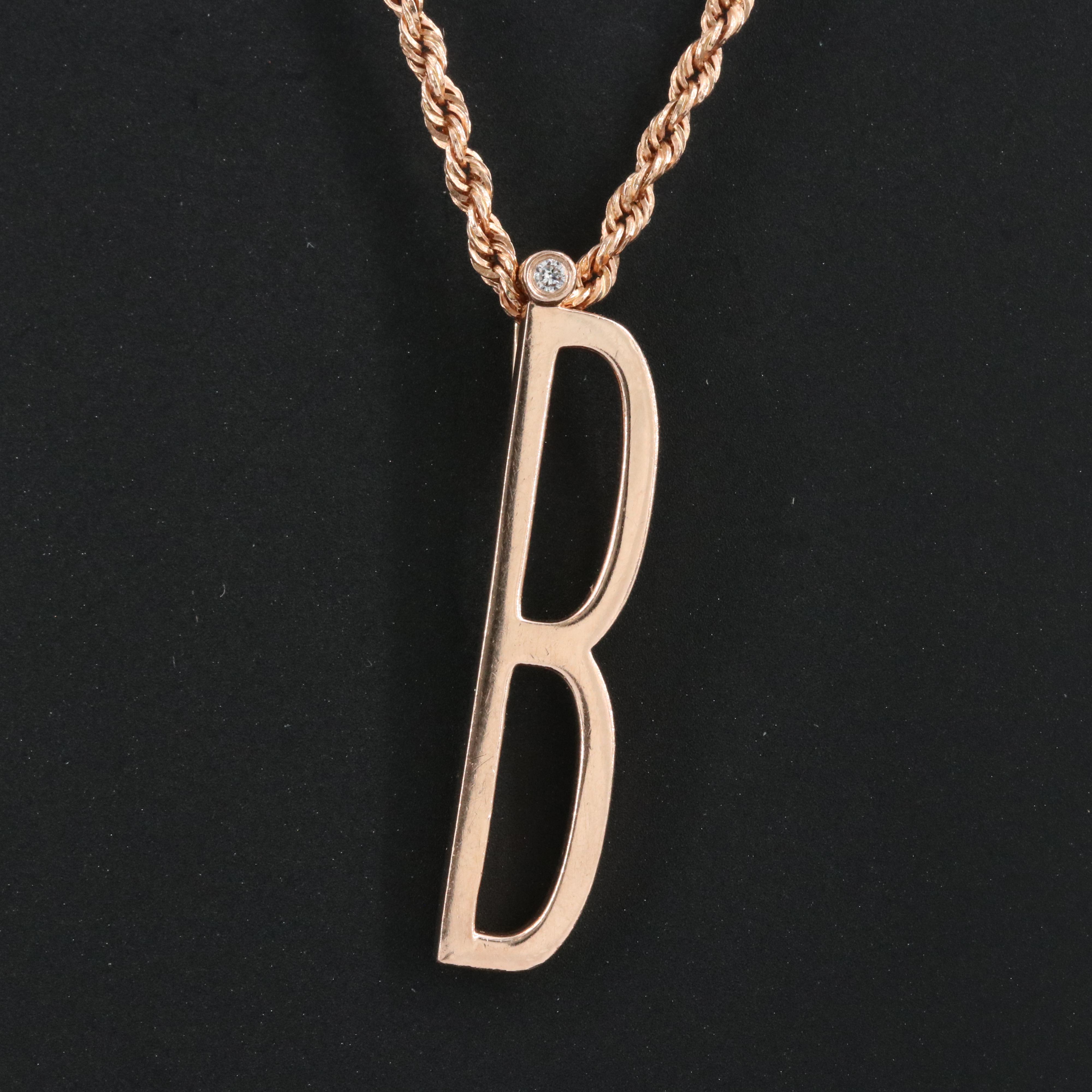 14K Rose Gold 0.01 CT Diamond "B" Pendant Necklace