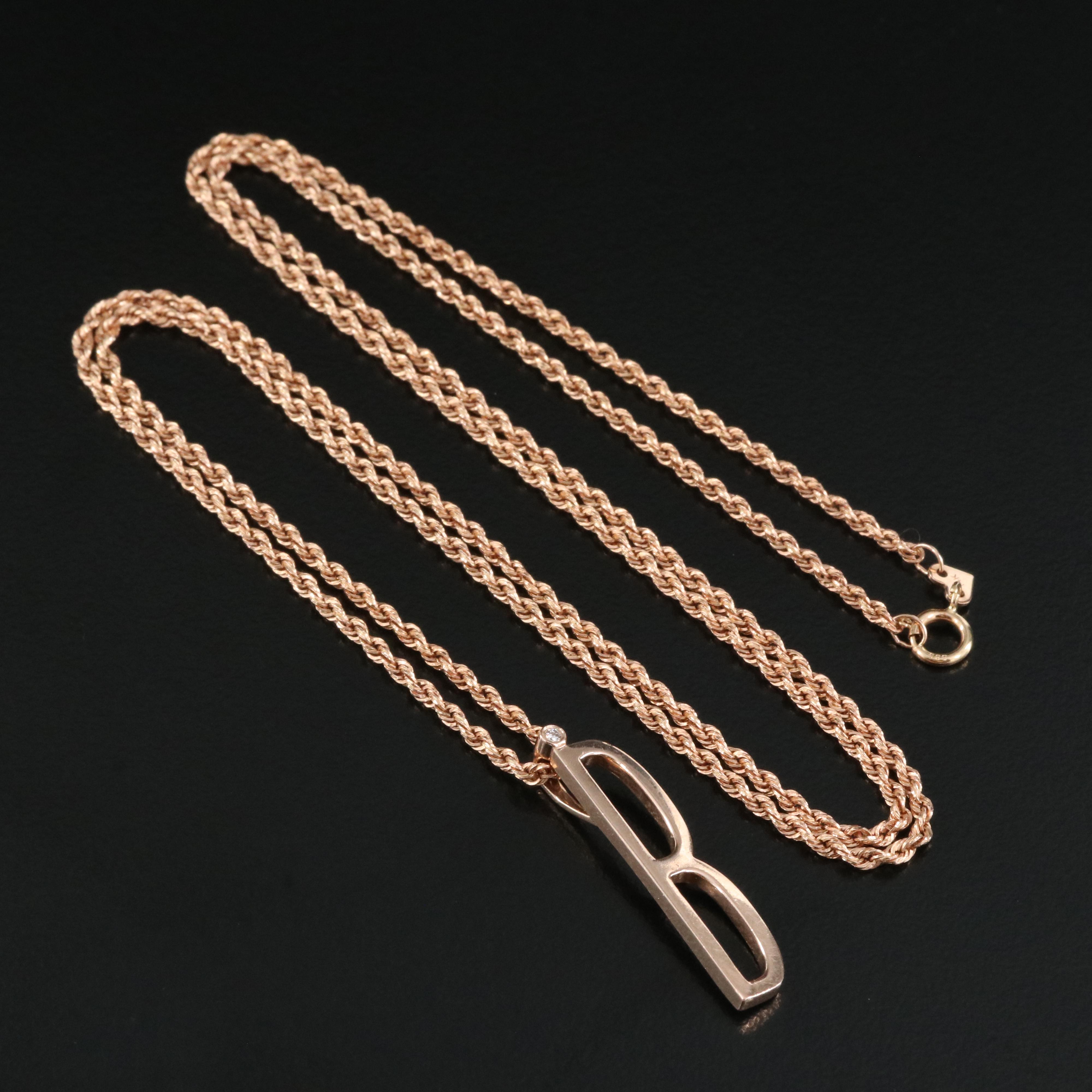 14K Rose Gold 0.01 CT Diamond "B" Pendant Necklace