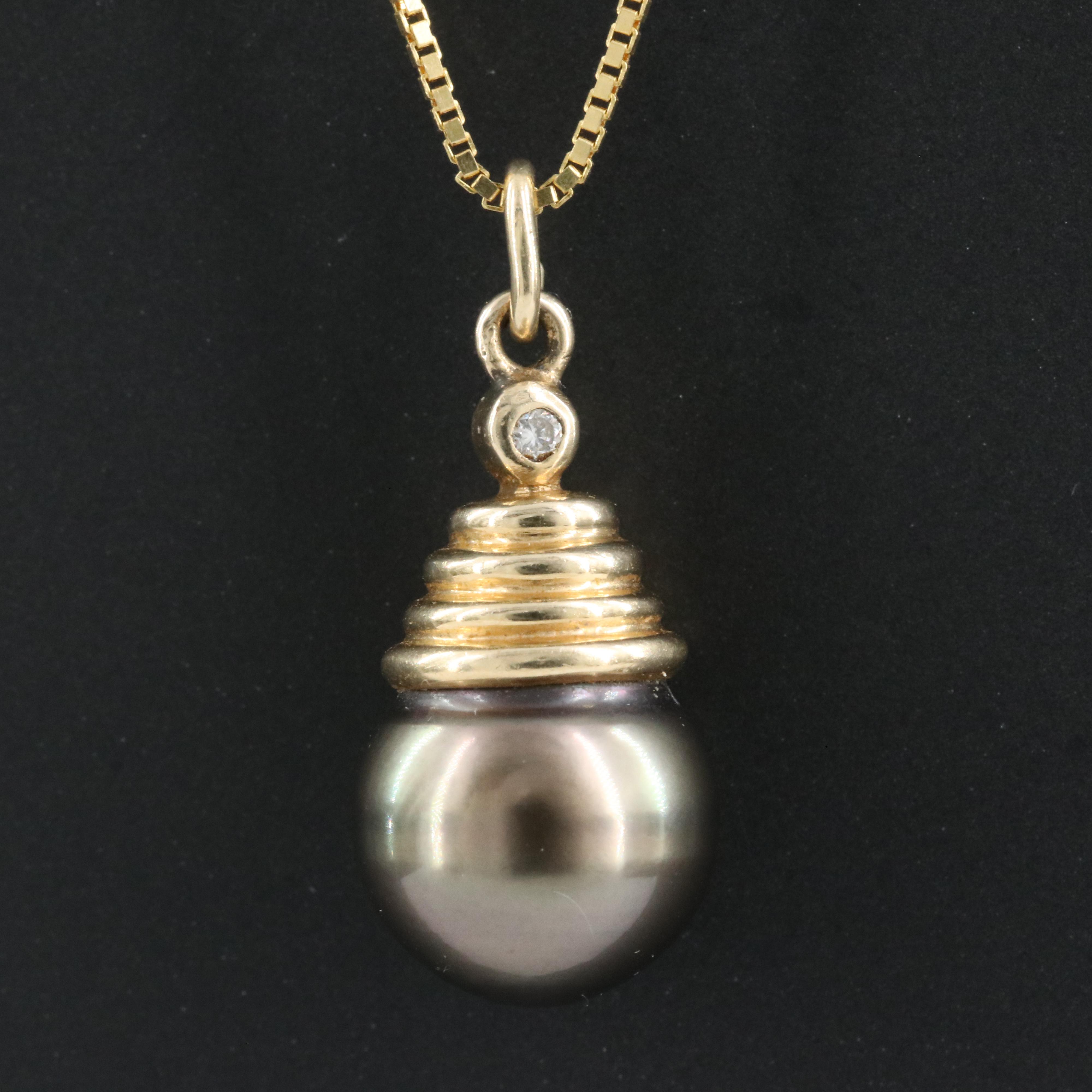 14K 10.70 mm Pearl and Diamond Pendant Necklace
