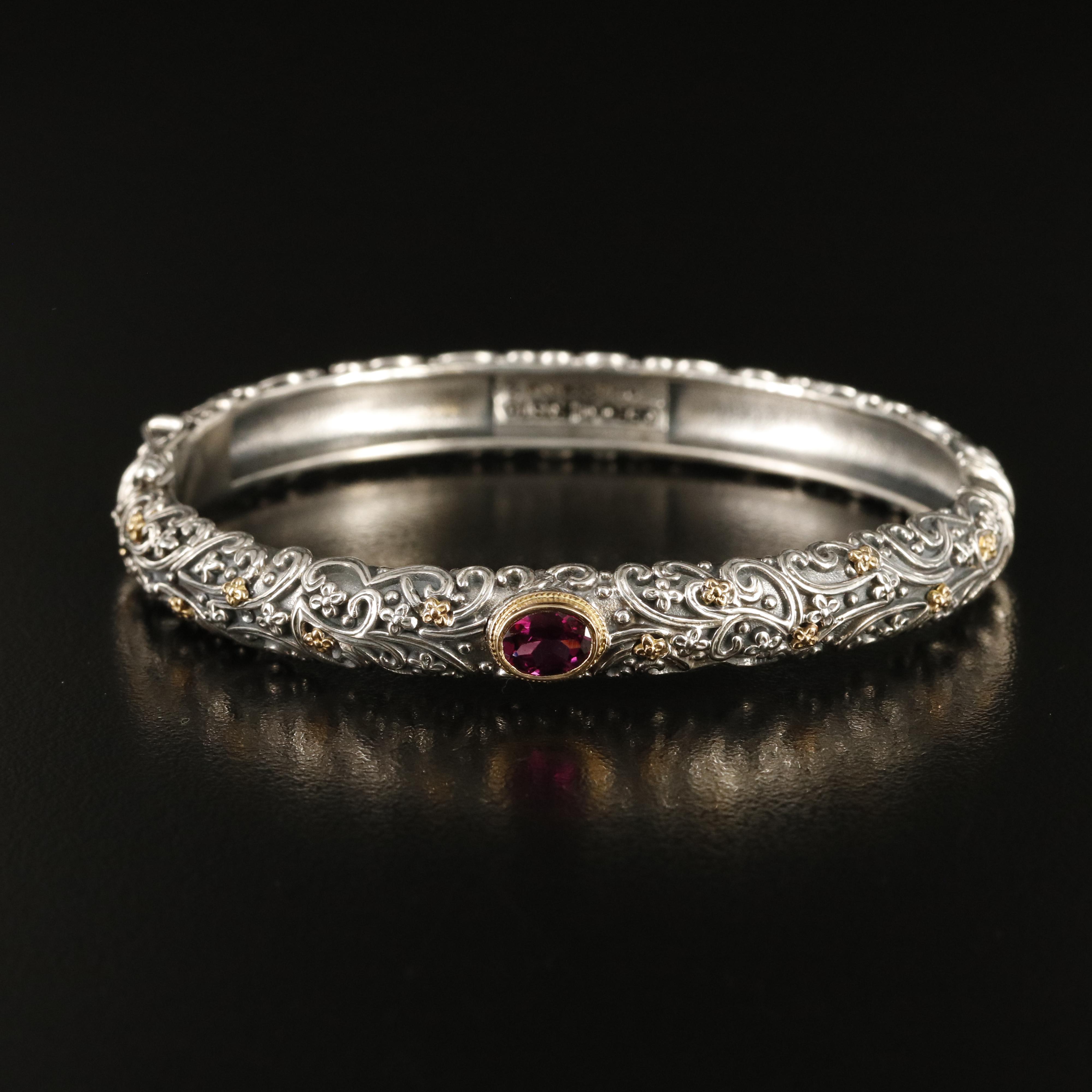 Geochristo for Athena Gaia Sterling Garnet Hinged Bangle with 18K Accents