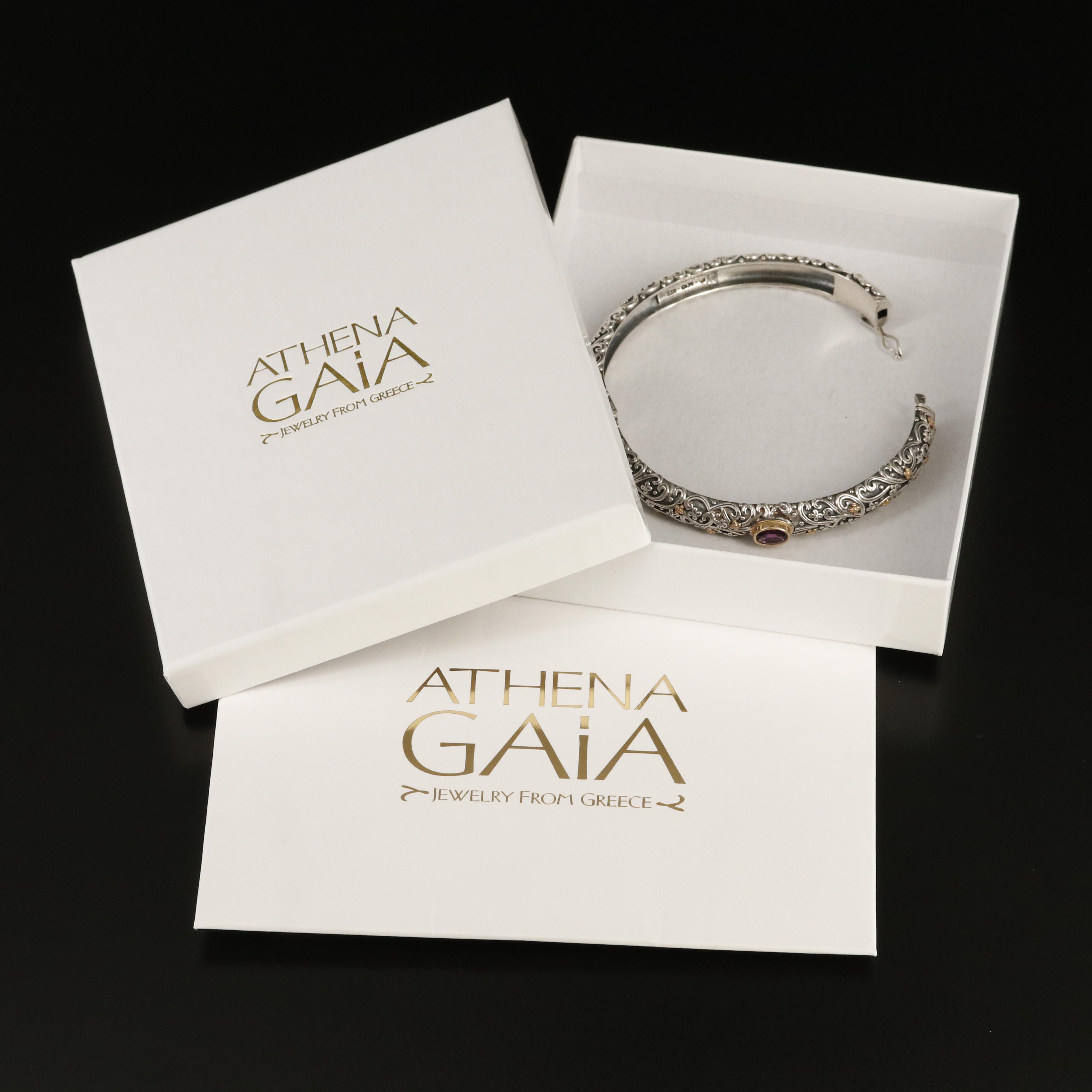 Geochristo for Athena Gaia Sterling Garnet Hinged Bangle with 18K Accents