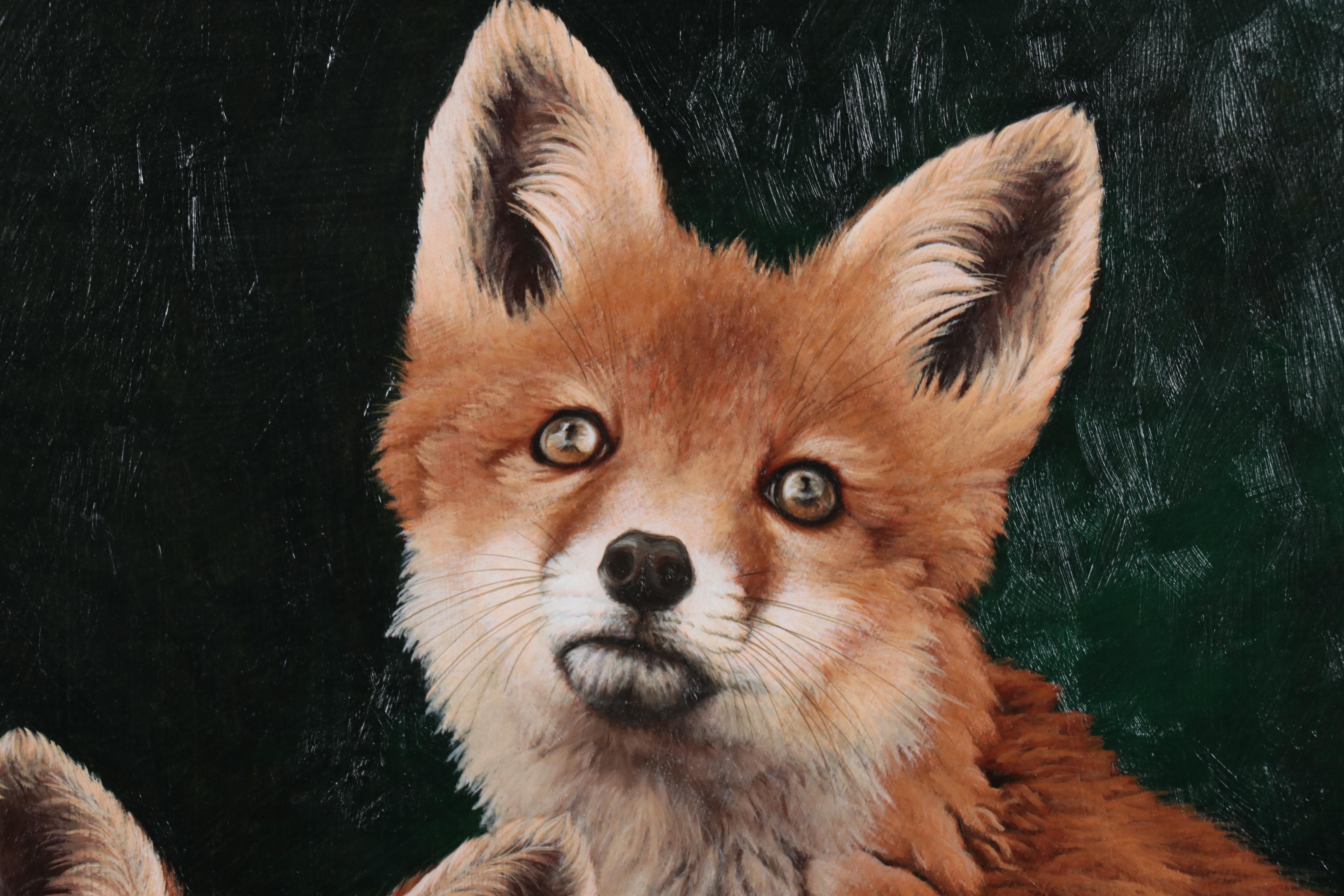 Mark Eberhard Oil Painting of Fox Kits in Nature