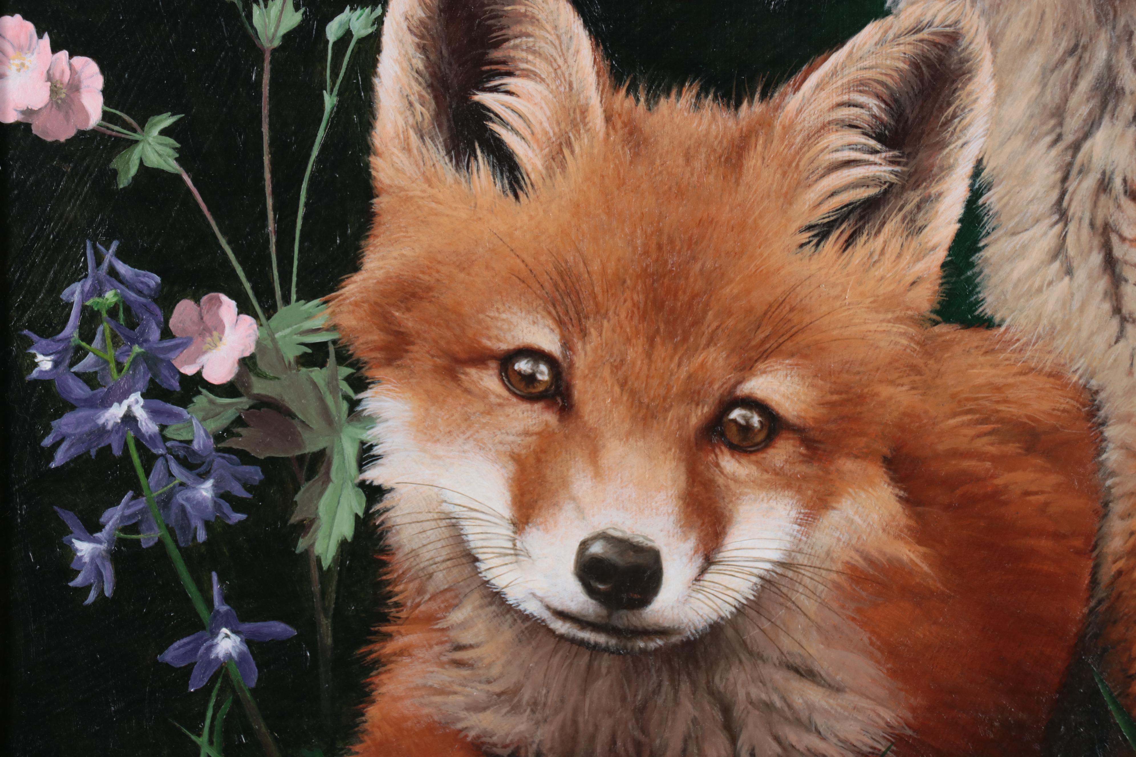 Mark Eberhard Oil Painting of Fox Kits in Nature