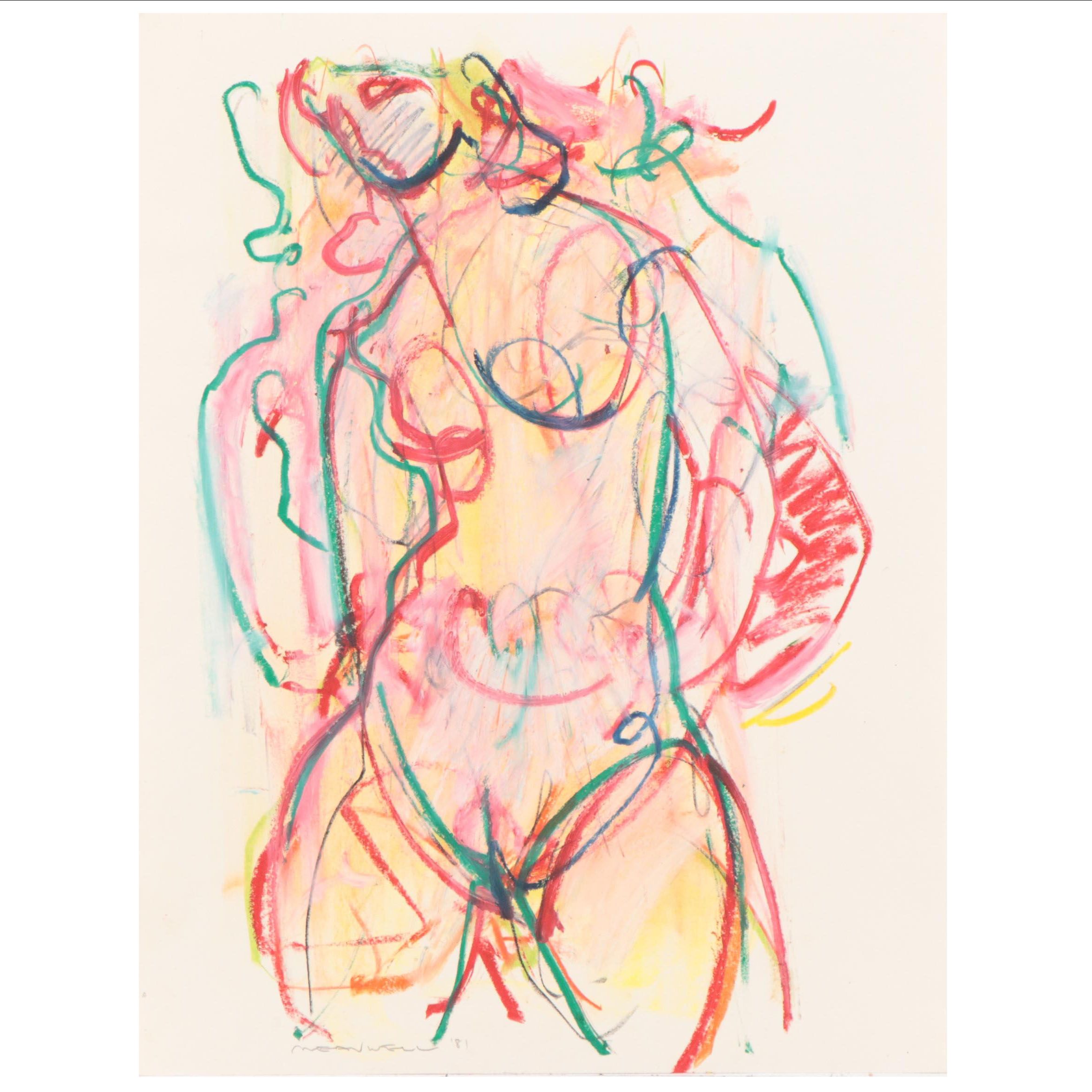 Jack Meanwell Figural Oil Pastel Drawing, 1981