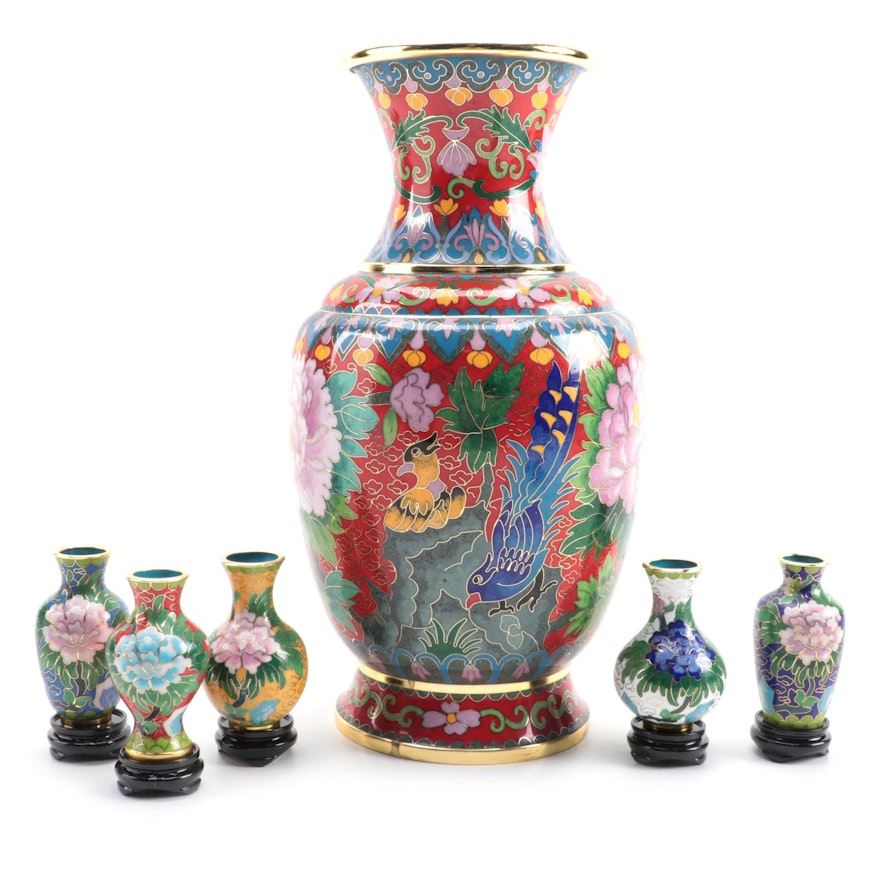 Chinese Cloisonné Garden Motif Vase with Miniature Peony Motif Vases