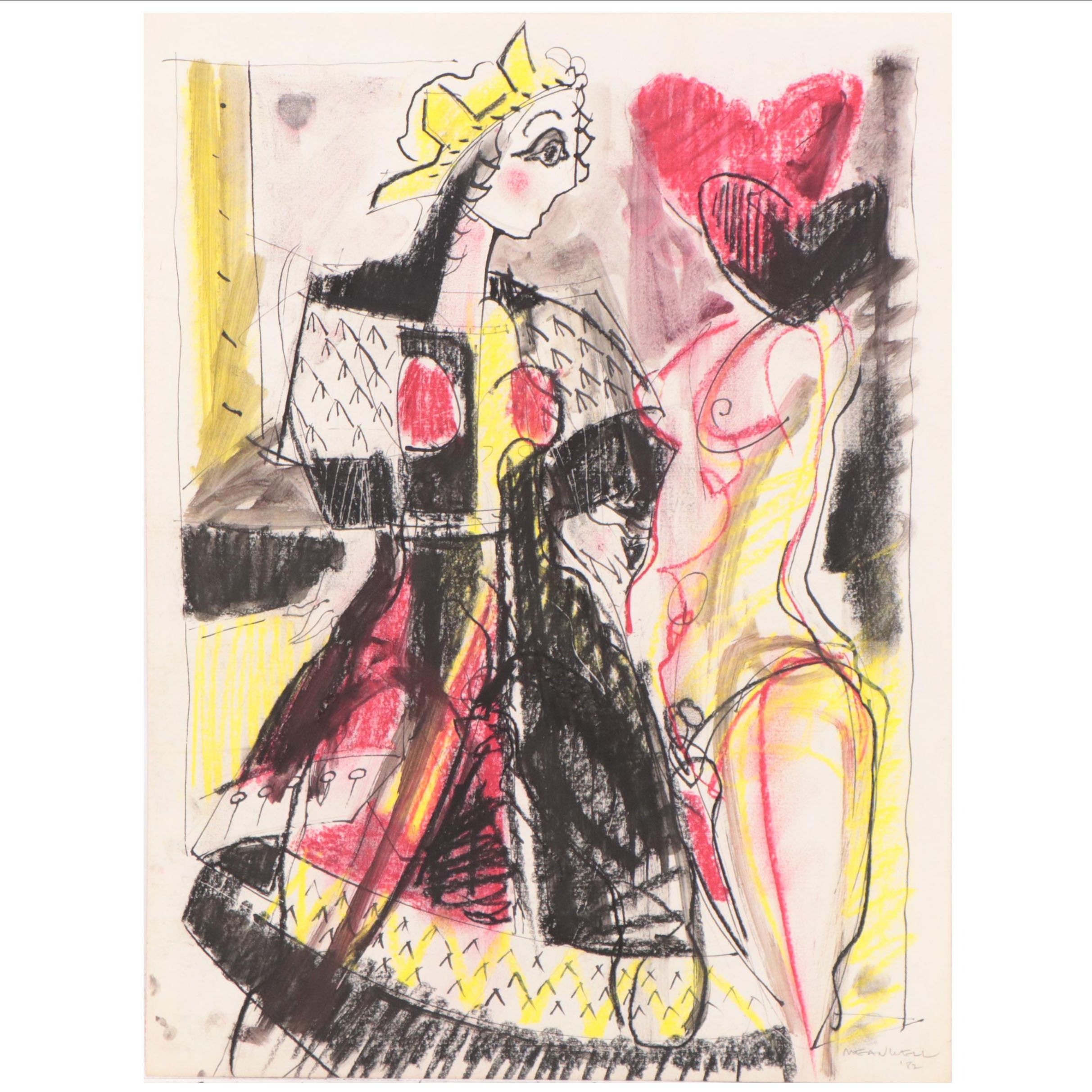 Jack Meanwell Figural Oil Pastel Drawing, 1982