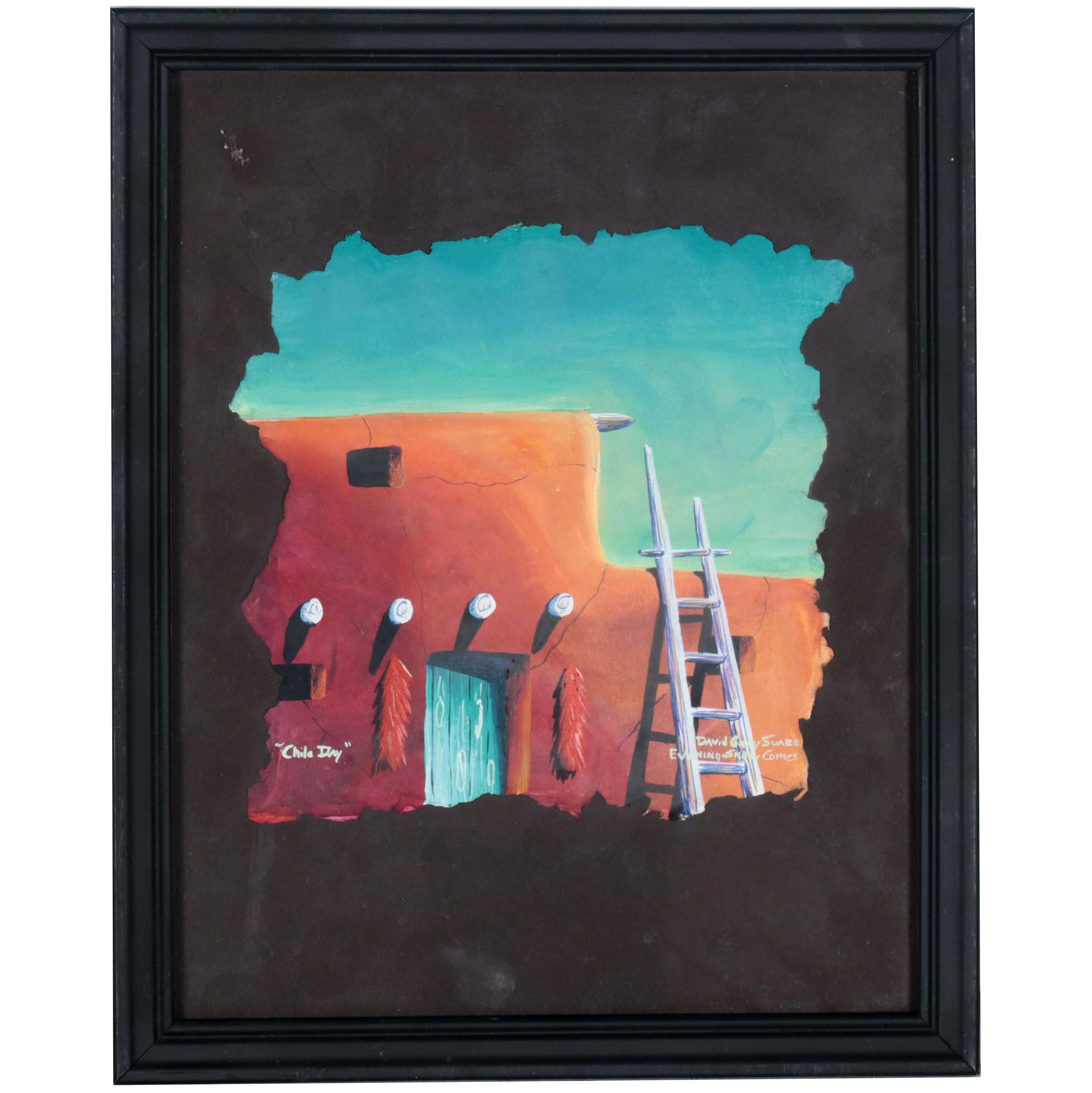 David Gary Suazo Pueblo Landscape Gouache Painting "Chile Day"