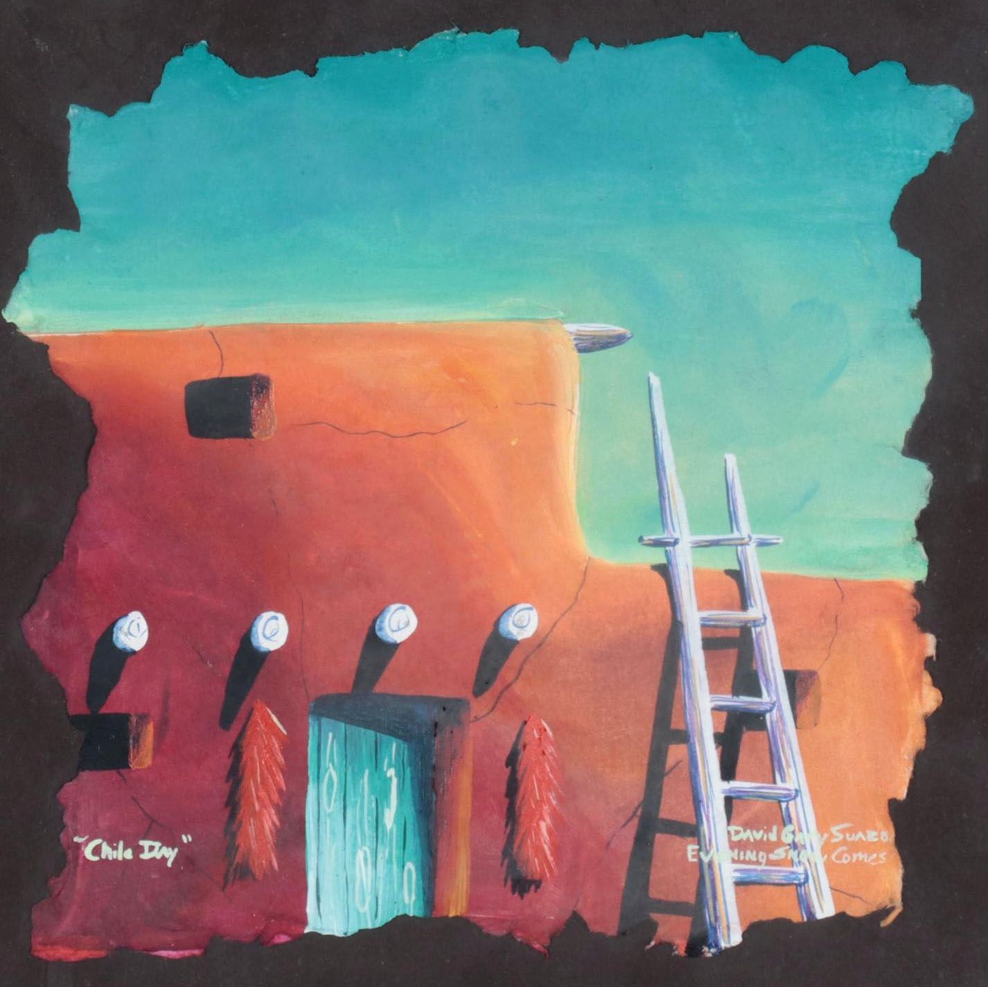 David Gary Suazo Pueblo Landscape Gouache Painting "Chile Day"