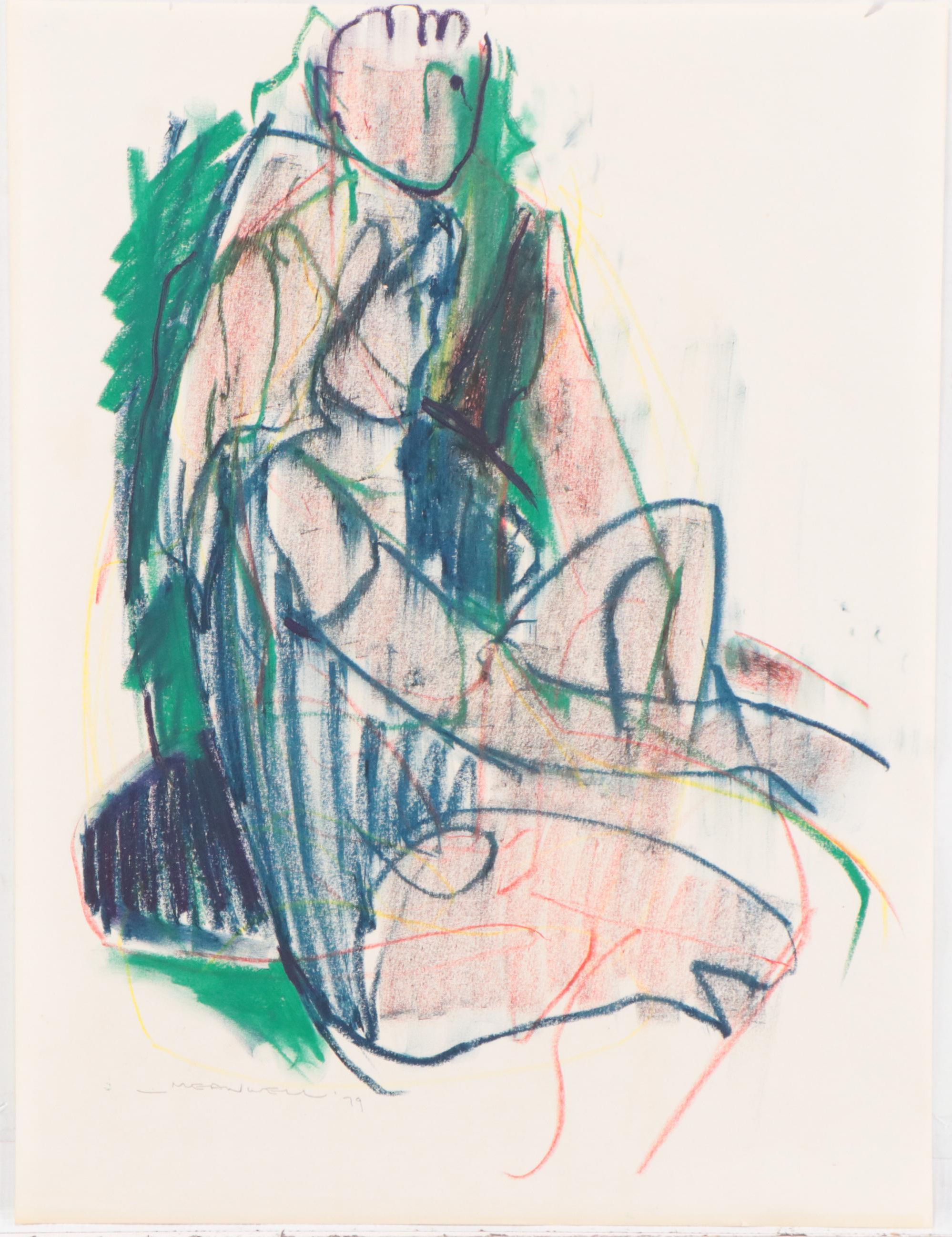 Jack Meanwell Figural Oil Pastel Drawing, 1979