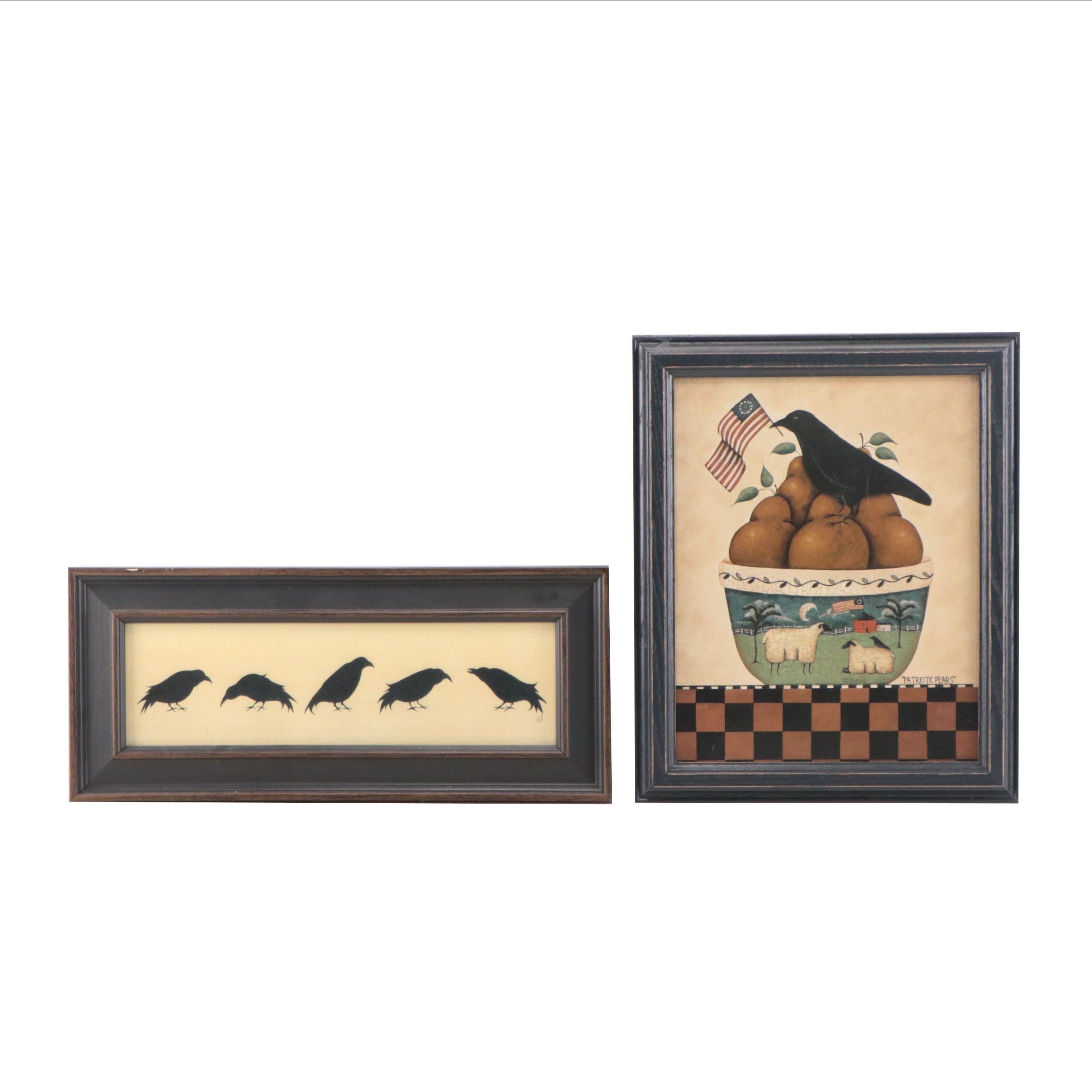 Folk Art Style Reproduction Prints Featuring Crows