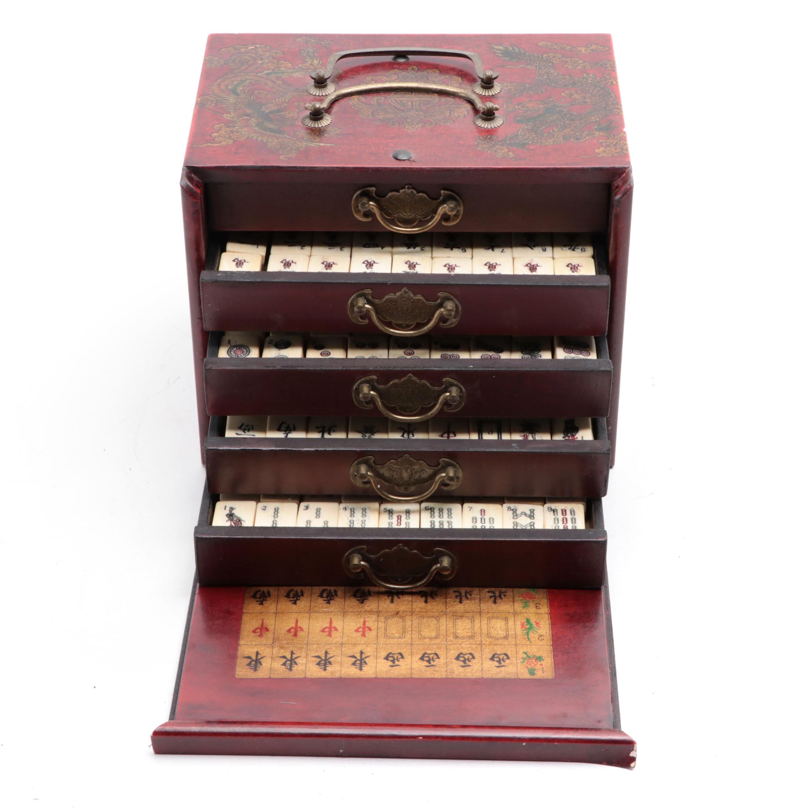 Chinese Four Winds Mah-Jongg Pieces in Transfer-Decorated Case