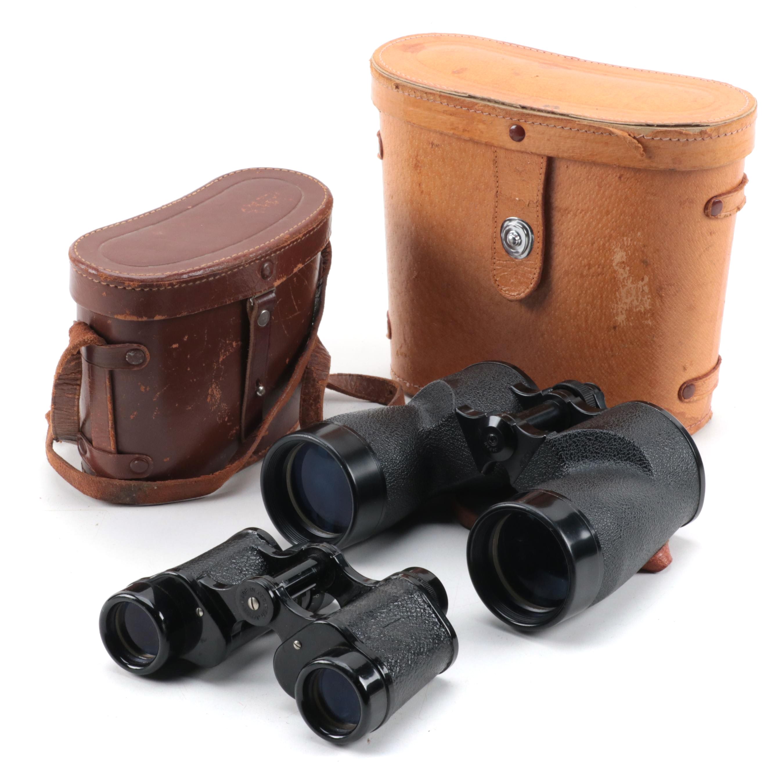 Magna 8 x 30 and Tower 7 x 50 Binoculars with Leather Cases, Mid-20th Century
