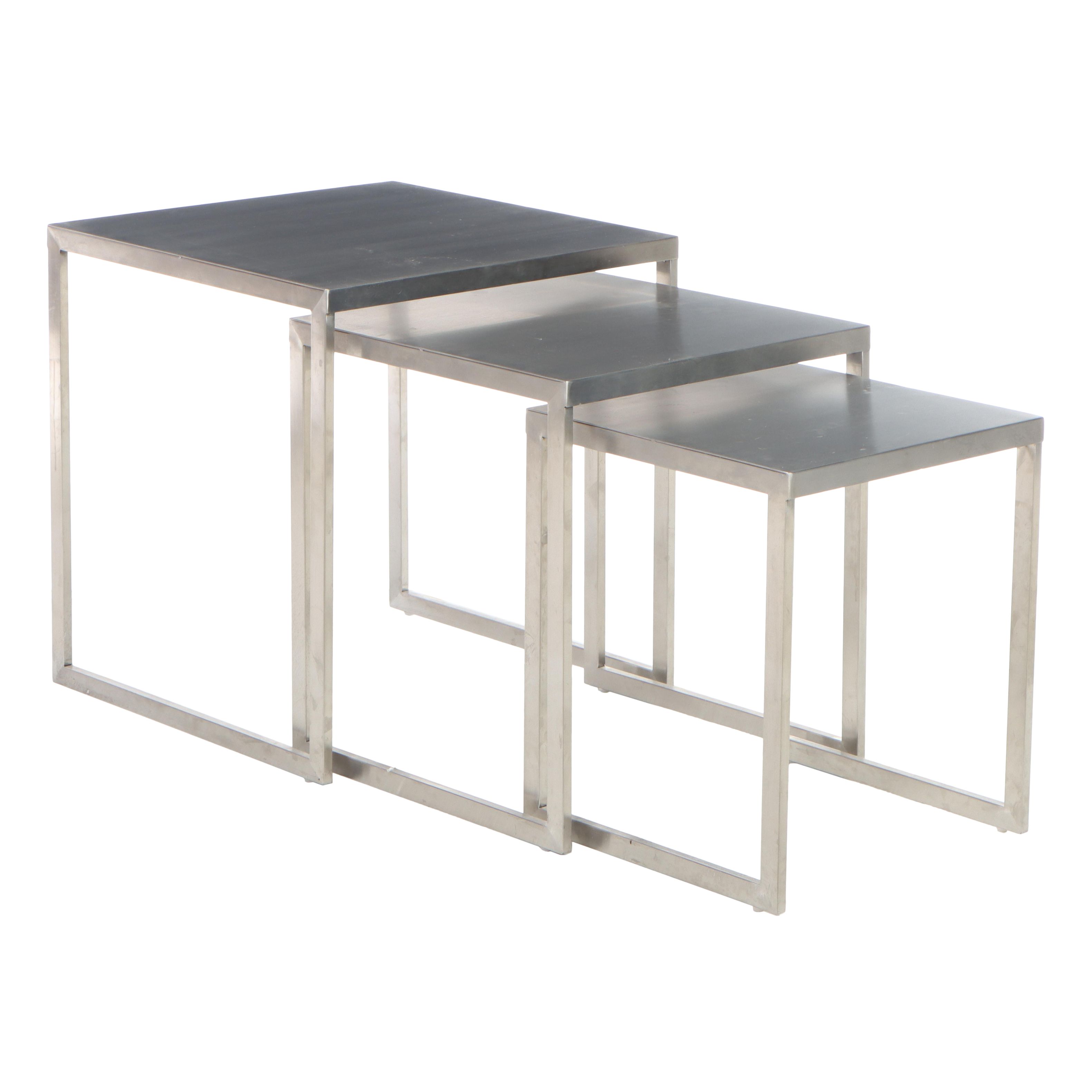 Three Modernist Style Brushed Metal Nesting Tables