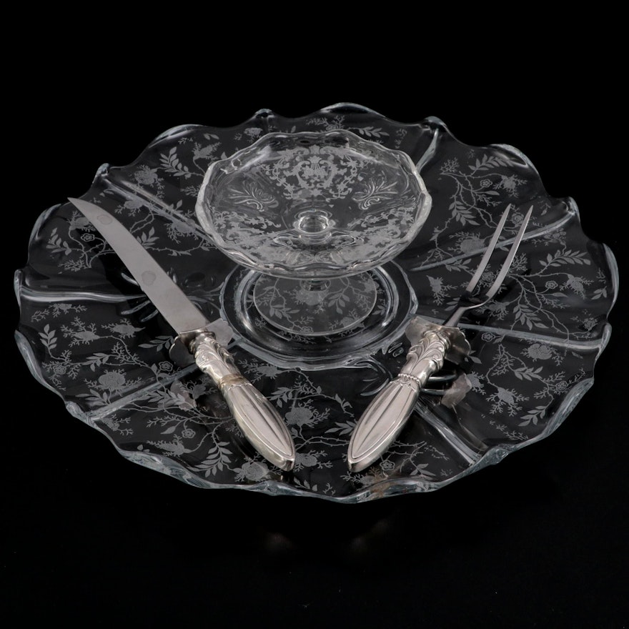 Whiting Sterling Silver Carving Set with Etched Glass Centerpiece