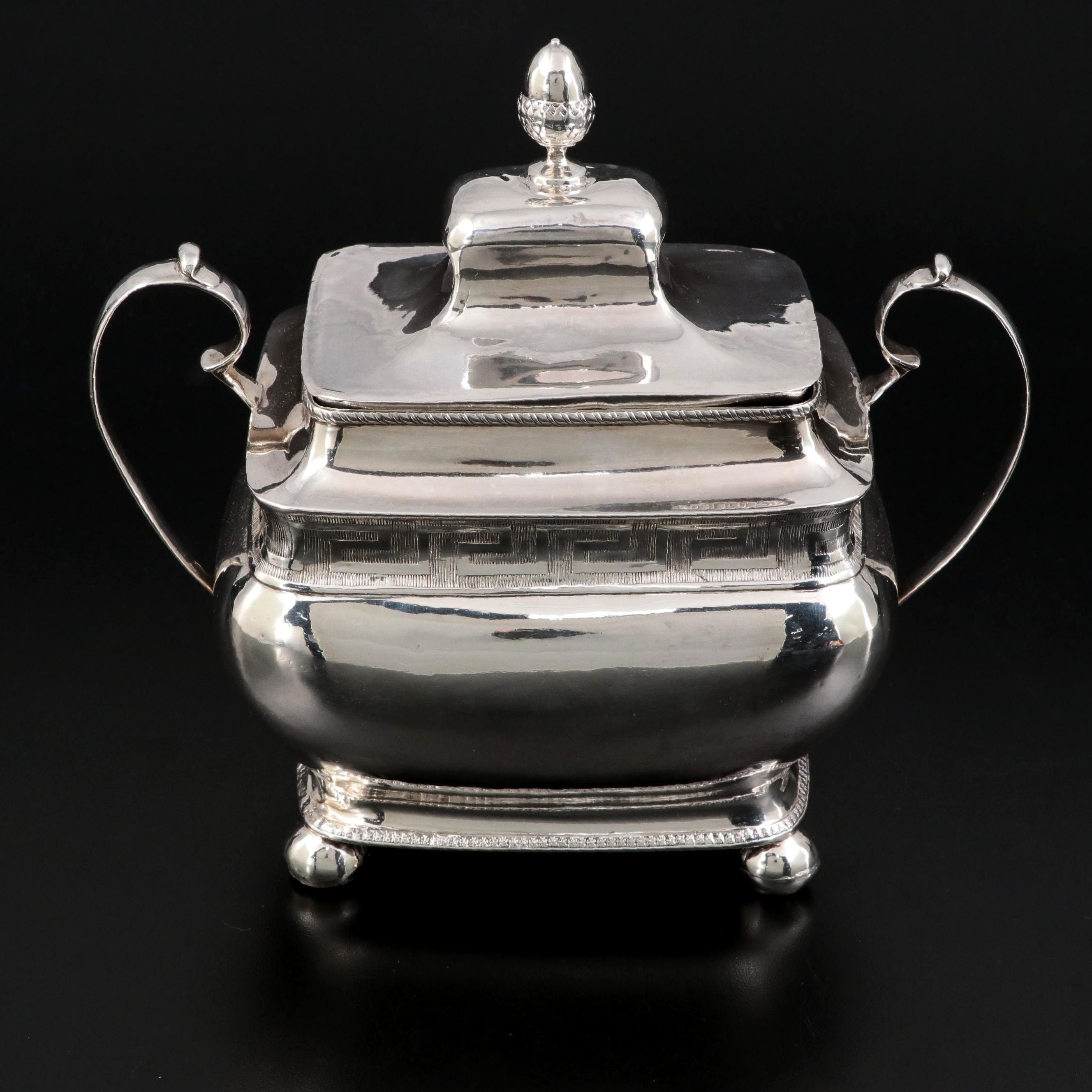 John Tanguy of Philadelphia Coin Silver Meander Border Sugar Bowl, 19th C.