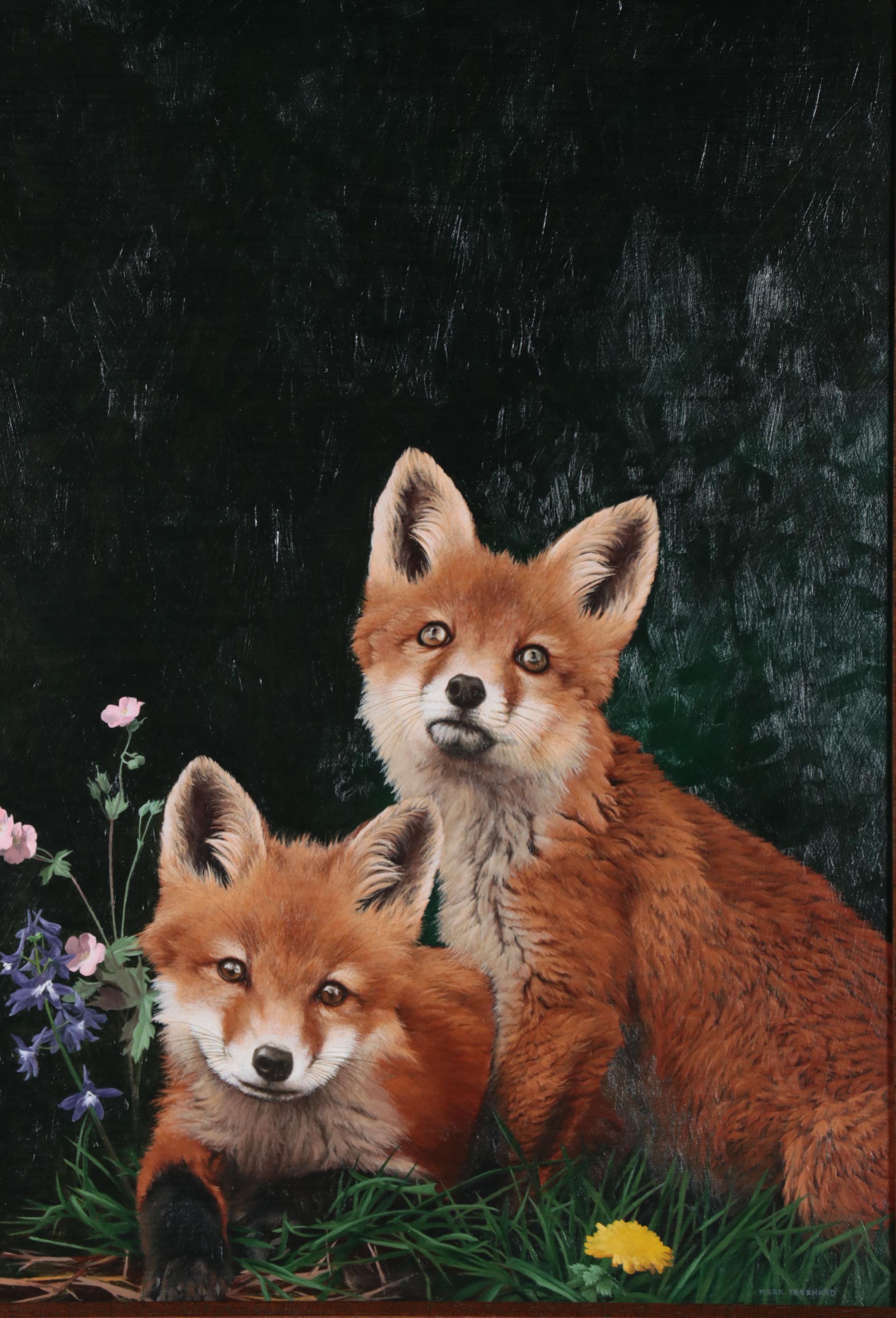Mark Eberhard Oil Painting of Fox Kits in Nature