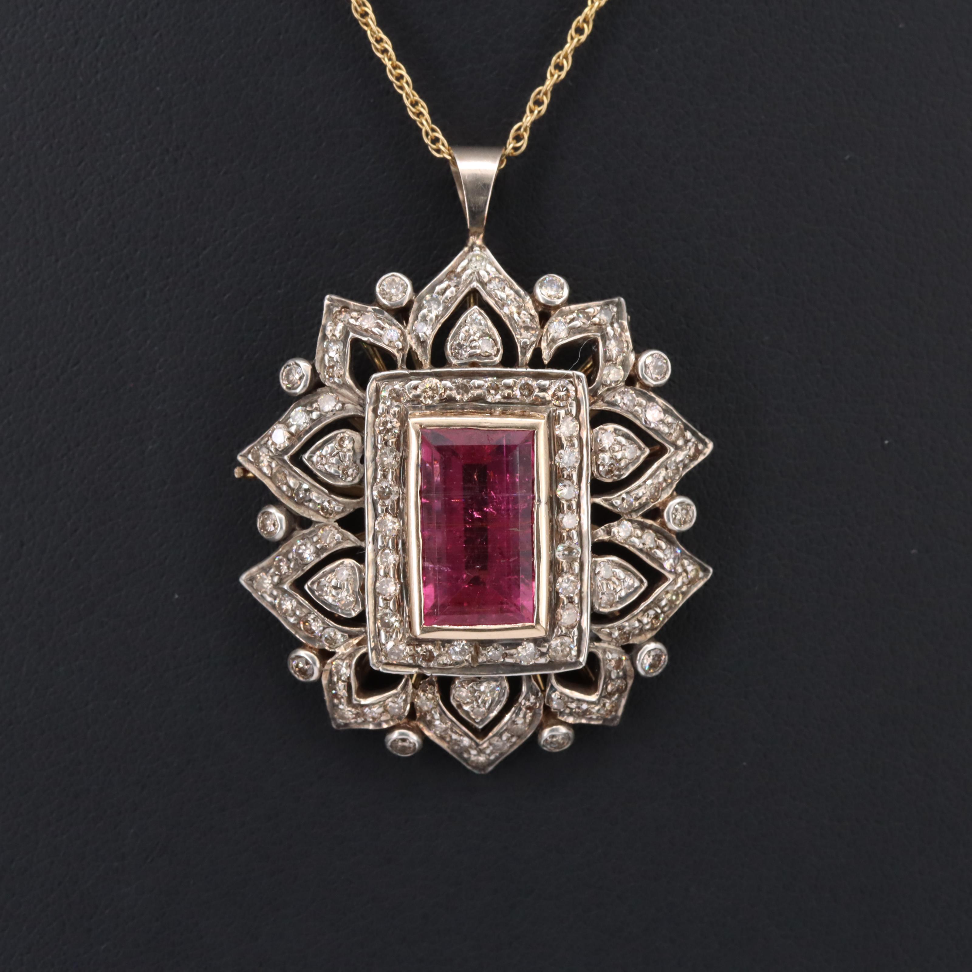 850 Silver and 14K 5.77 CT Tourmaline and 1.95 CTW Diamond Pendant Necklace