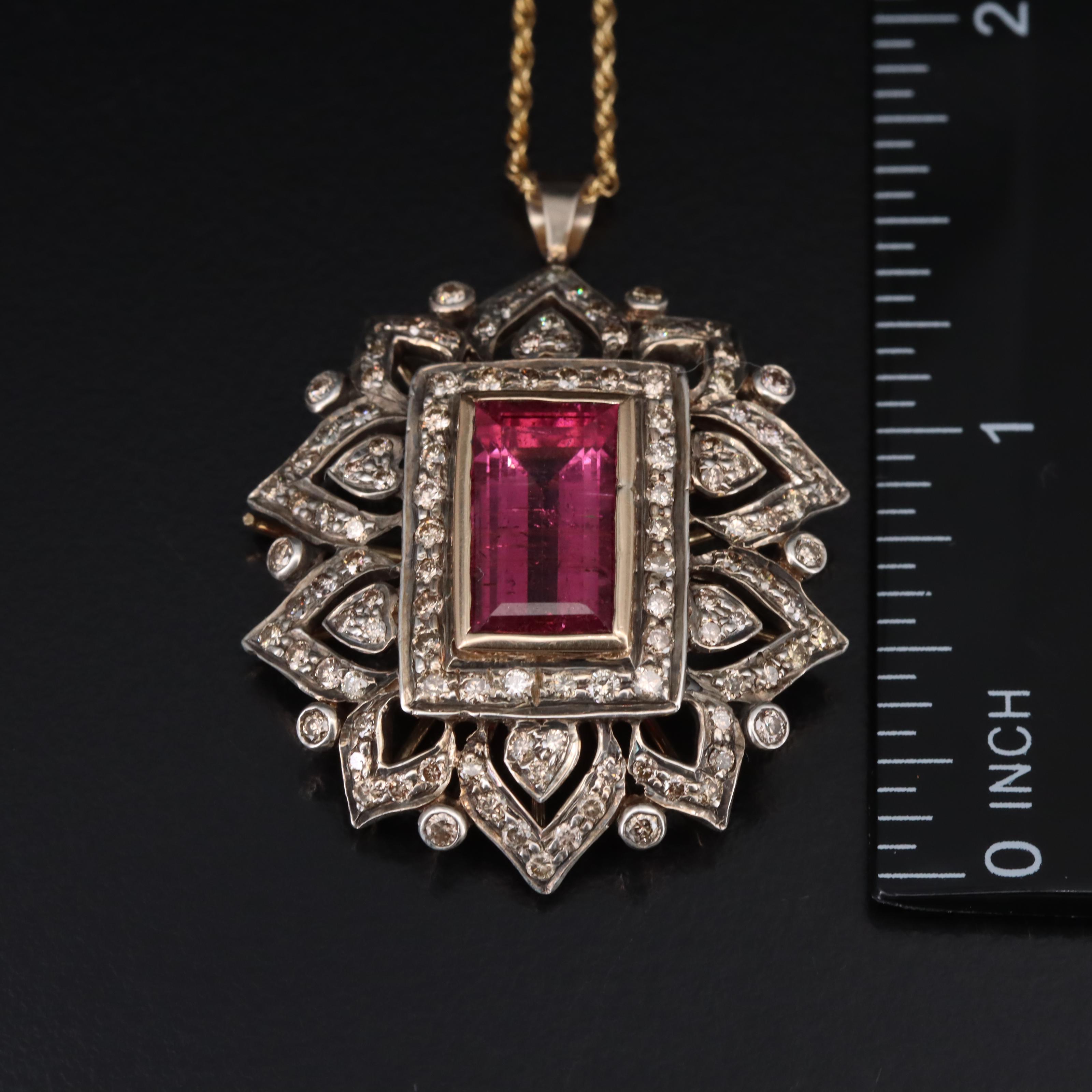 850 Silver and 14K 5.77 CT Tourmaline and 1.95 CTW Diamond Pendant Necklace